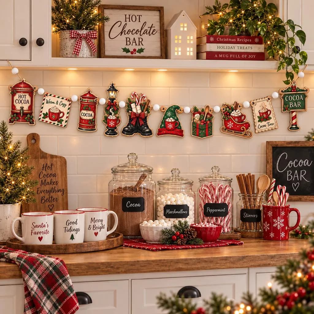 Christmas Cocoa Bar Wooden Garland, Hot Chocolate Holiday Banner, Cozy Xmas Mantel Decor, Rustic Winter Hanging Decoration - image 5