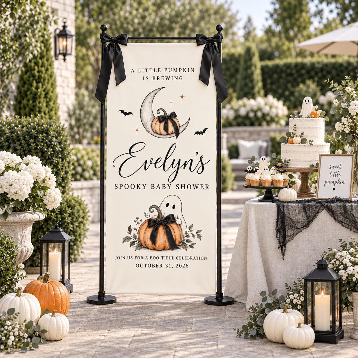 Personalized Halloween Baby Shower Fabric Banner, Little Pumpkin Is Brewing Welcome Sign, Ghost Moon Design, Spooky Fall Party Decor - image 5
