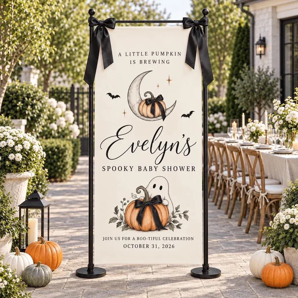 Personalized Halloween Baby Shower Fabric Banner, Little Pumpkin Is Brewing Welcome Sign, Ghost Moon Design, Spooky Fall Party Decor - image 3