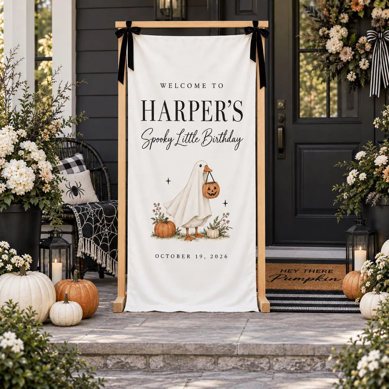 Personalized Halloween Birthday Fabric Banner, Ghost Goose Welcome Sign, Custom Name and Date, Spooky Little Party Decor