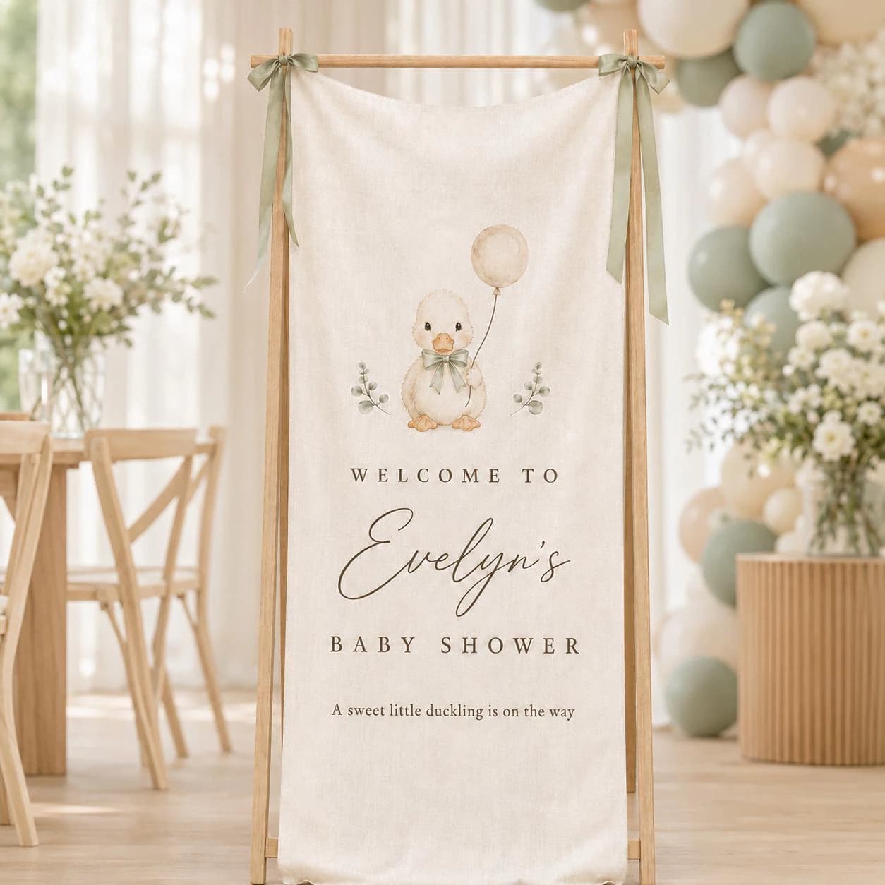Personalized Duckling Baby Shower Welcome Sign, Custom Linen Wall Tapestry, Neutral Baby Banner, Gender Neutral Party Backdrop Decor