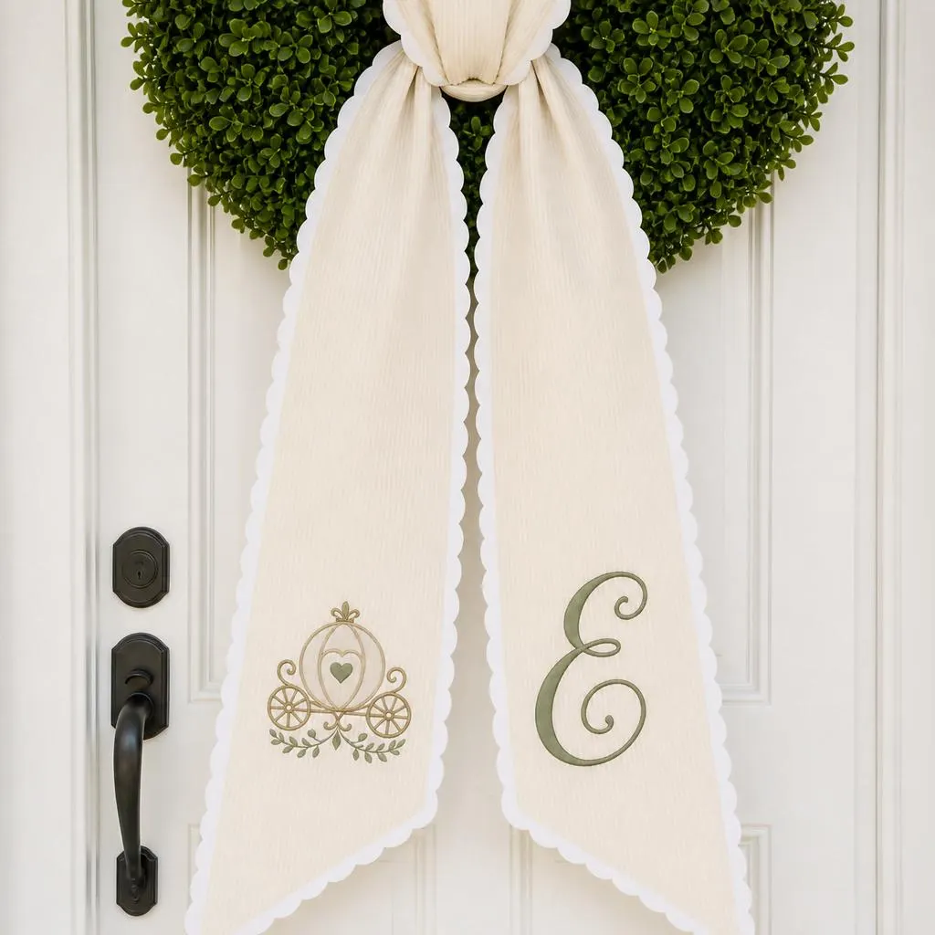 Personalized Wreath Sash, Pumpkin Carriage Monogram Embroidered Bow, Ivory Scalloped Door Decor, Fairytale Wedding Housewarming Gift