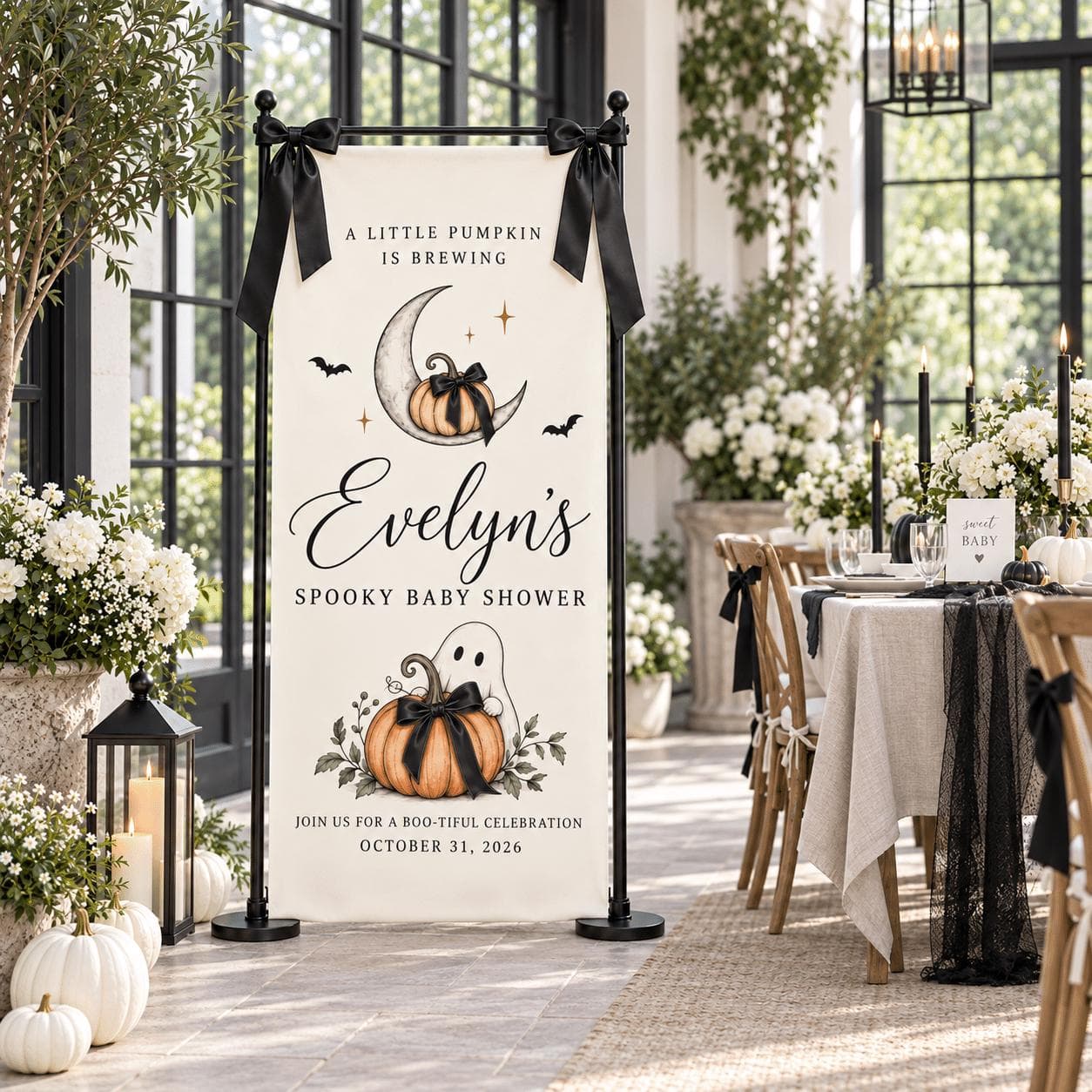 Personalized Halloween Baby Shower Fabric Banner, Little Pumpkin Is Brewing Welcome Sign, Ghost Moon Design, Spooky Fall Party Decor