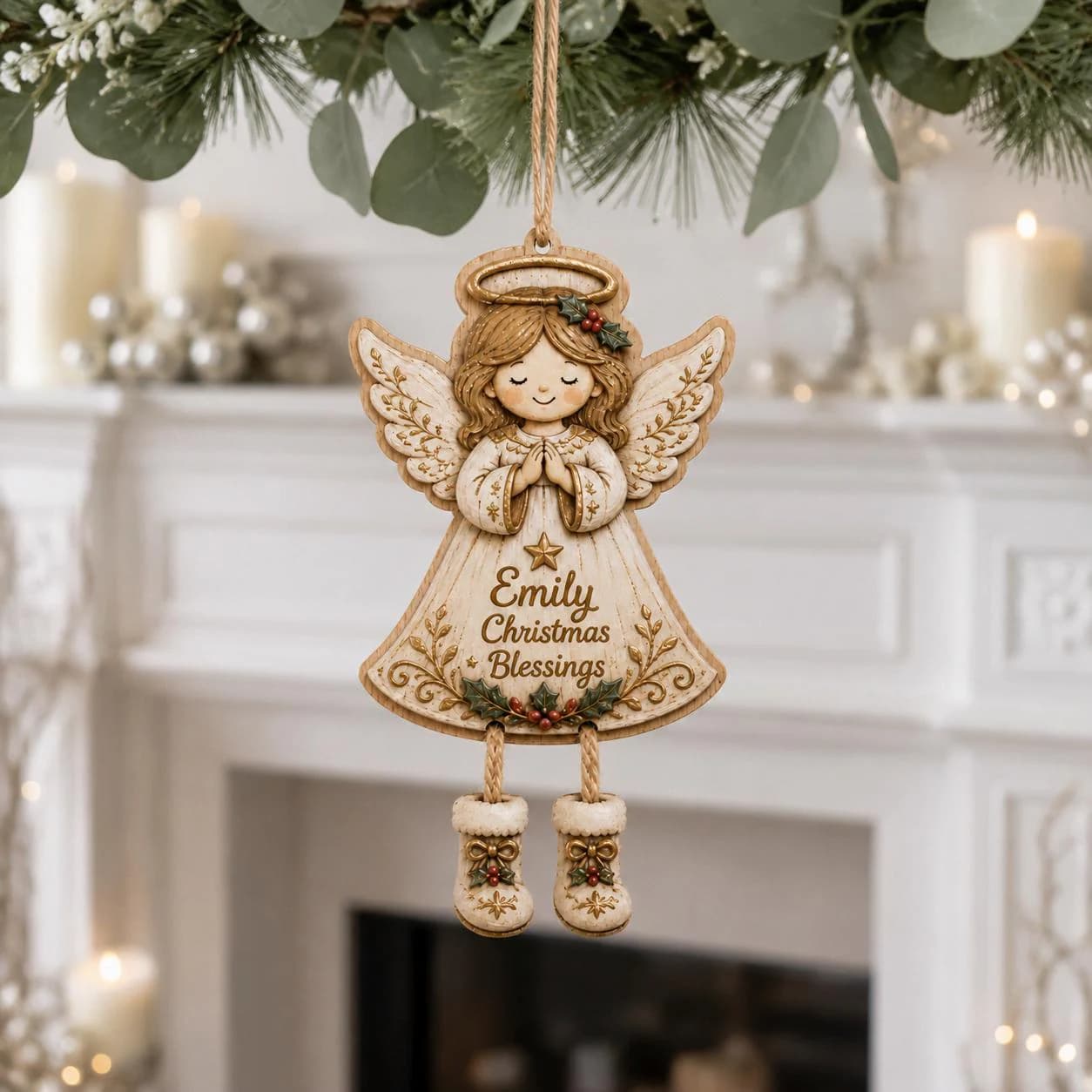 Personalized Angel Ornament, Custom Name Christmas Blessing Decor, Wooden Memorial Keepsake