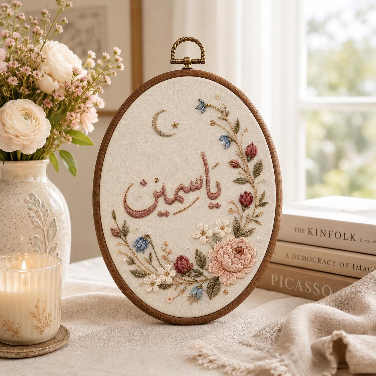 Personalized Arabic Name Embroidery Hoop, Floral Nursery Wall Art, Custom Baby Name Keepsake, Botanical Newborn Gift - image 3