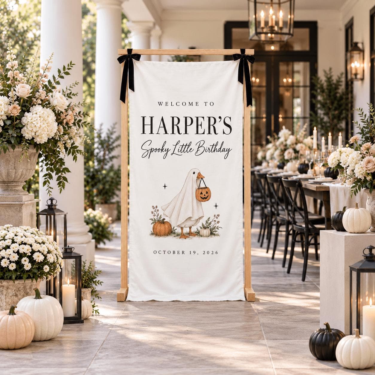 Personalized Halloween Birthday Fabric Banner, Ghost Goose Welcome Sign, Custom Name and Date, Spooky Little Party Decor - image 4