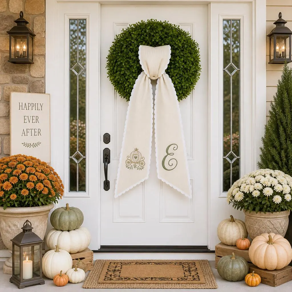 Personalized Wreath Sash, Pumpkin Carriage Monogram Embroidered Bow, Ivory Scalloped Door Decor, Fairytale Wedding Housewarming Gift - image 5