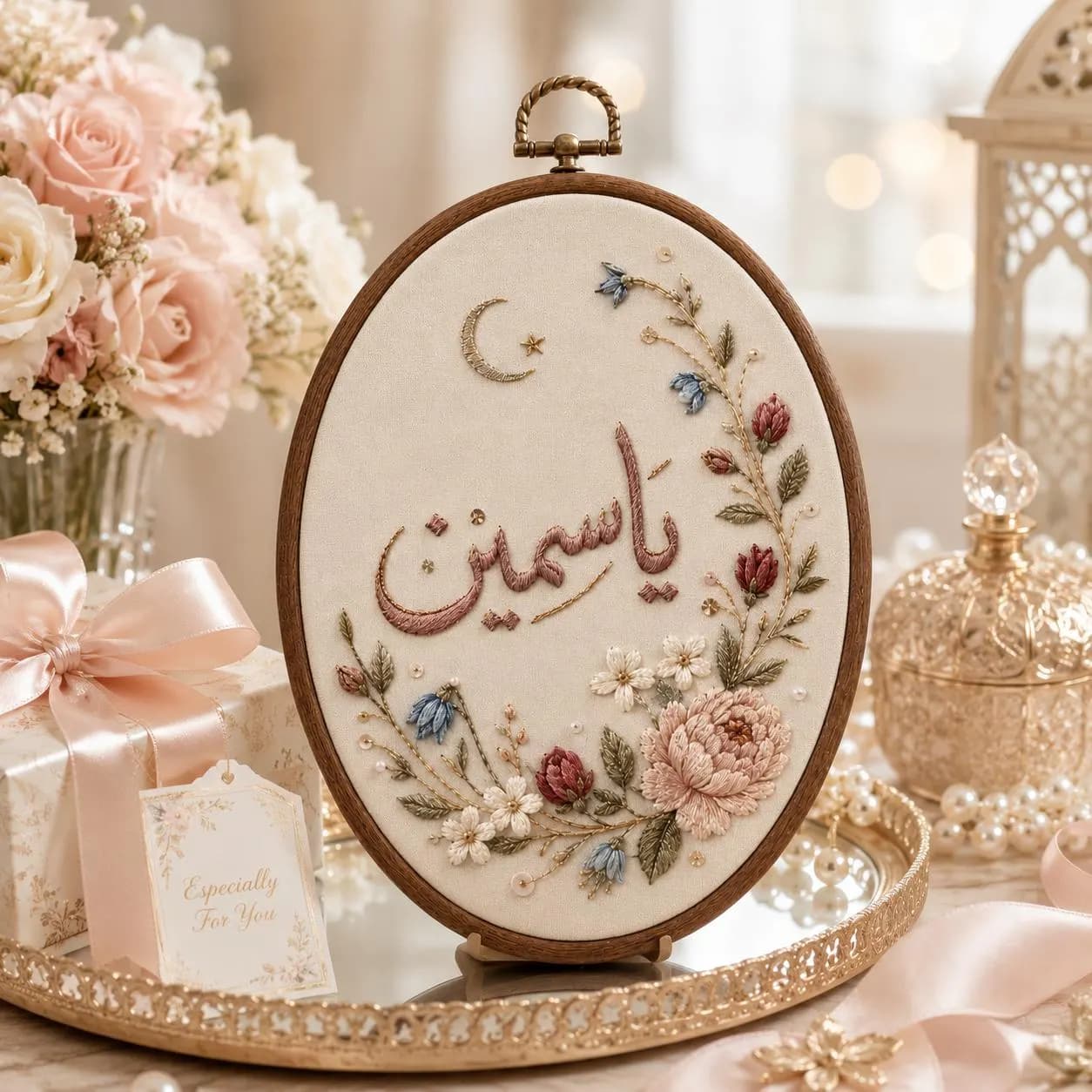 Personalized Arabic Name Embroidery Hoop, Floral Nursery Wall Art, Custom Baby Name Keepsake, Botanical Newborn Gift