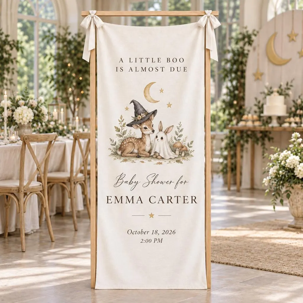 Woodland Halloween Baby Shower Fabric Banner, A Little Boo Is Almost Due, Personalized Welcome Sign, Forest Animals, Neutral Fall Decor - image 4