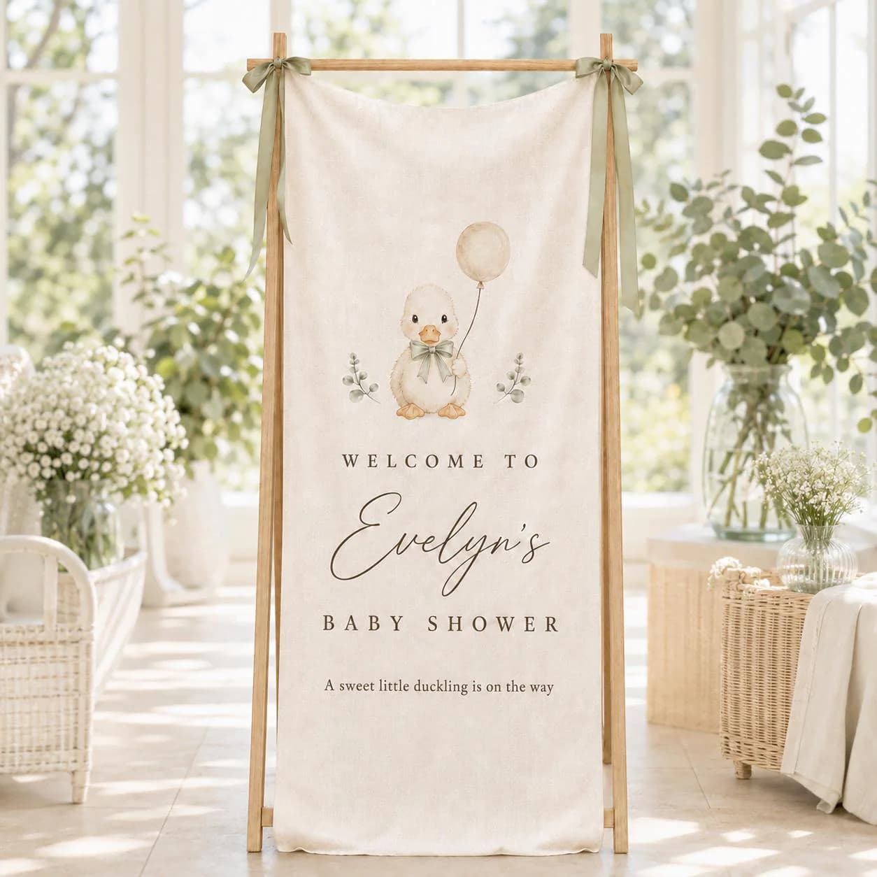 Personalized Duckling Baby Shower Welcome Sign, Custom Linen Wall Tapestry, Neutral Baby Banner, Gender Neutral Party Backdrop Decor - image 5