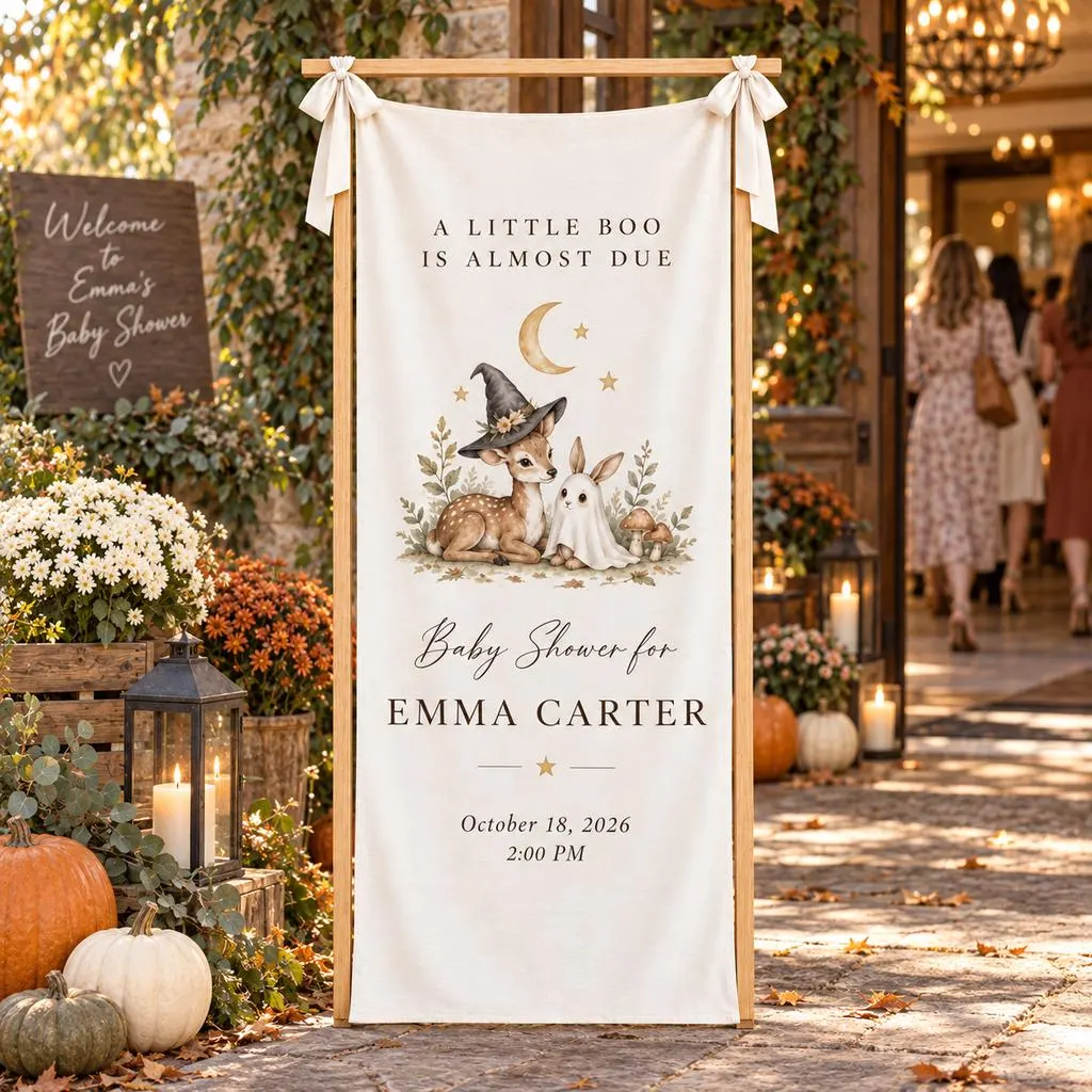 Woodland Halloween Baby Shower Fabric Banner, A Little Boo Is Almost Due, Personalized Welcome Sign, Forest Animals, Neutral Fall Decor - image 5