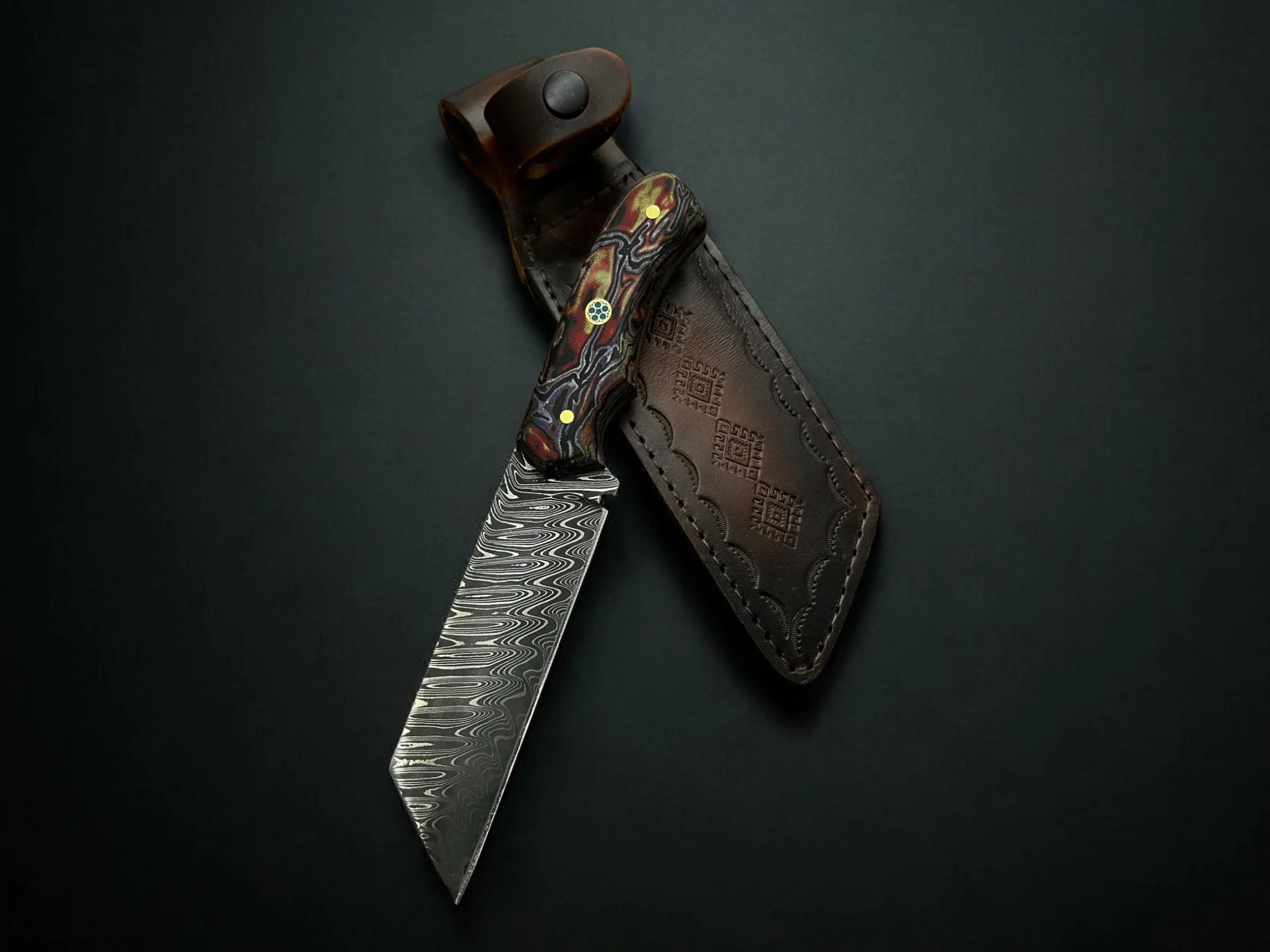 9" Damascus Steel Knife: Handmade Outdoor Knife with Leather Sheath