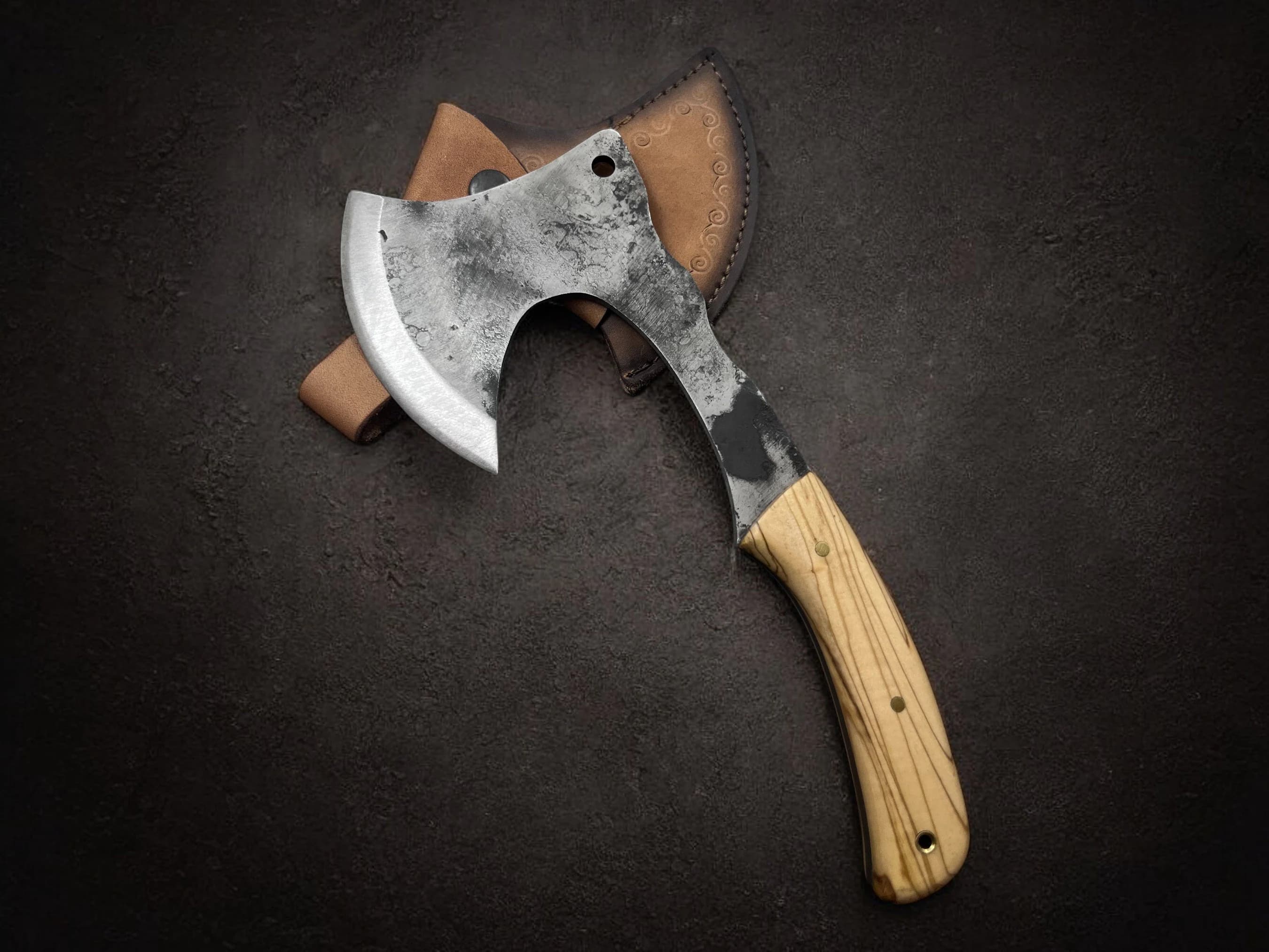 Walnut Wood Handle Hand Forged Carbon Steel Viking Axe: Tactical Camping Hatchet