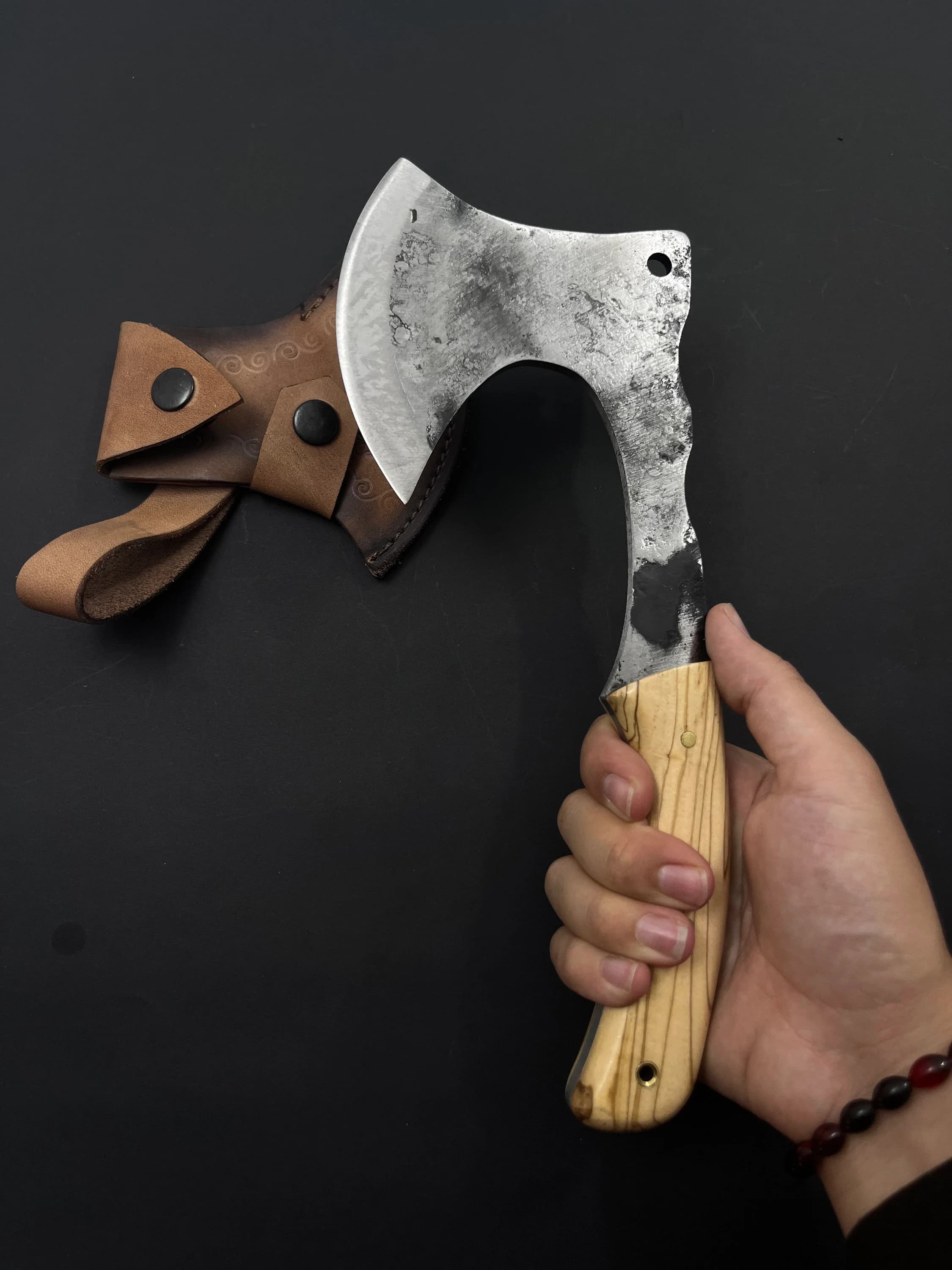 Walnut Wood Handle Hand Forged Carbon Steel Viking Axe: Tactical Camping Hatchet - image 3