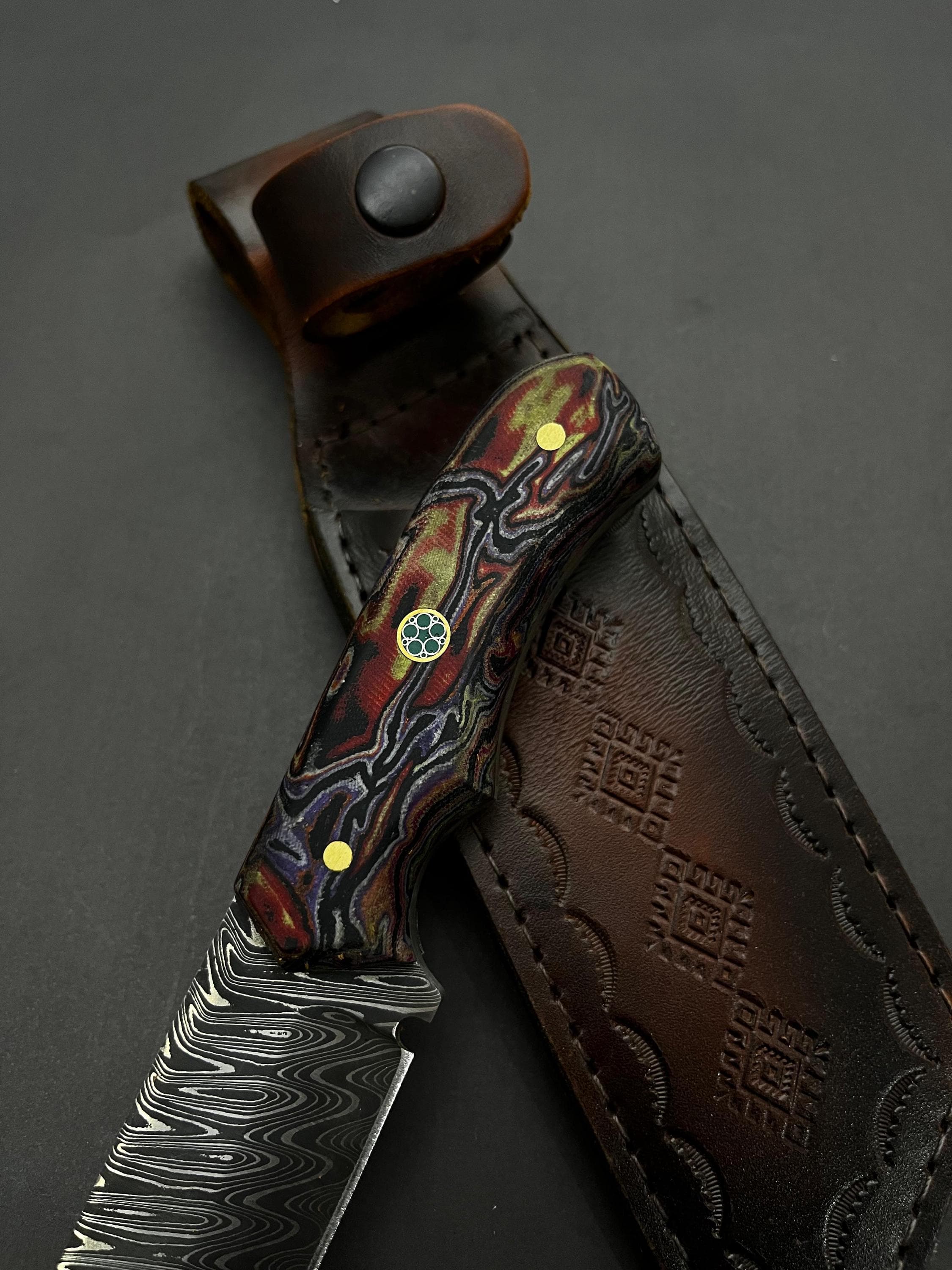 9" Damascus Steel Knife: Handmade Outdoor Knife with Leather Sheath - image 4