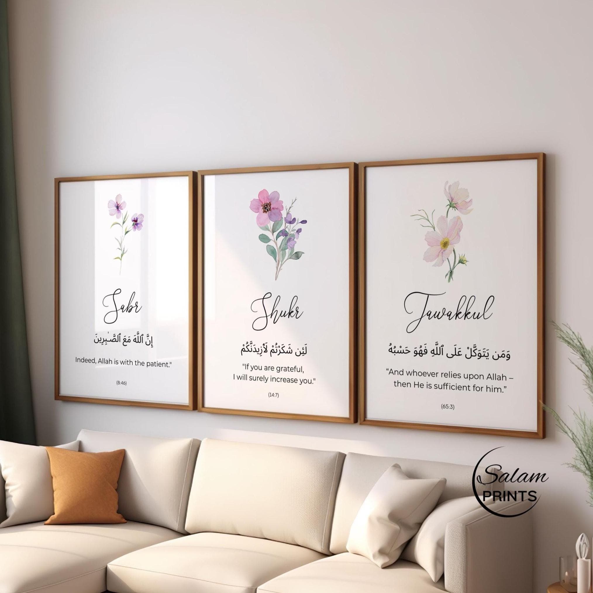 Set of 3 Islamic wall art with beautiful watercolour flowers  on a white background below the flowers are written sabr shukr tawakkal and quran verses on sar shukr tawakkul in arabic and its english translation. Perfect for Islamic home decor or prayer areas with spiritual values and positivit