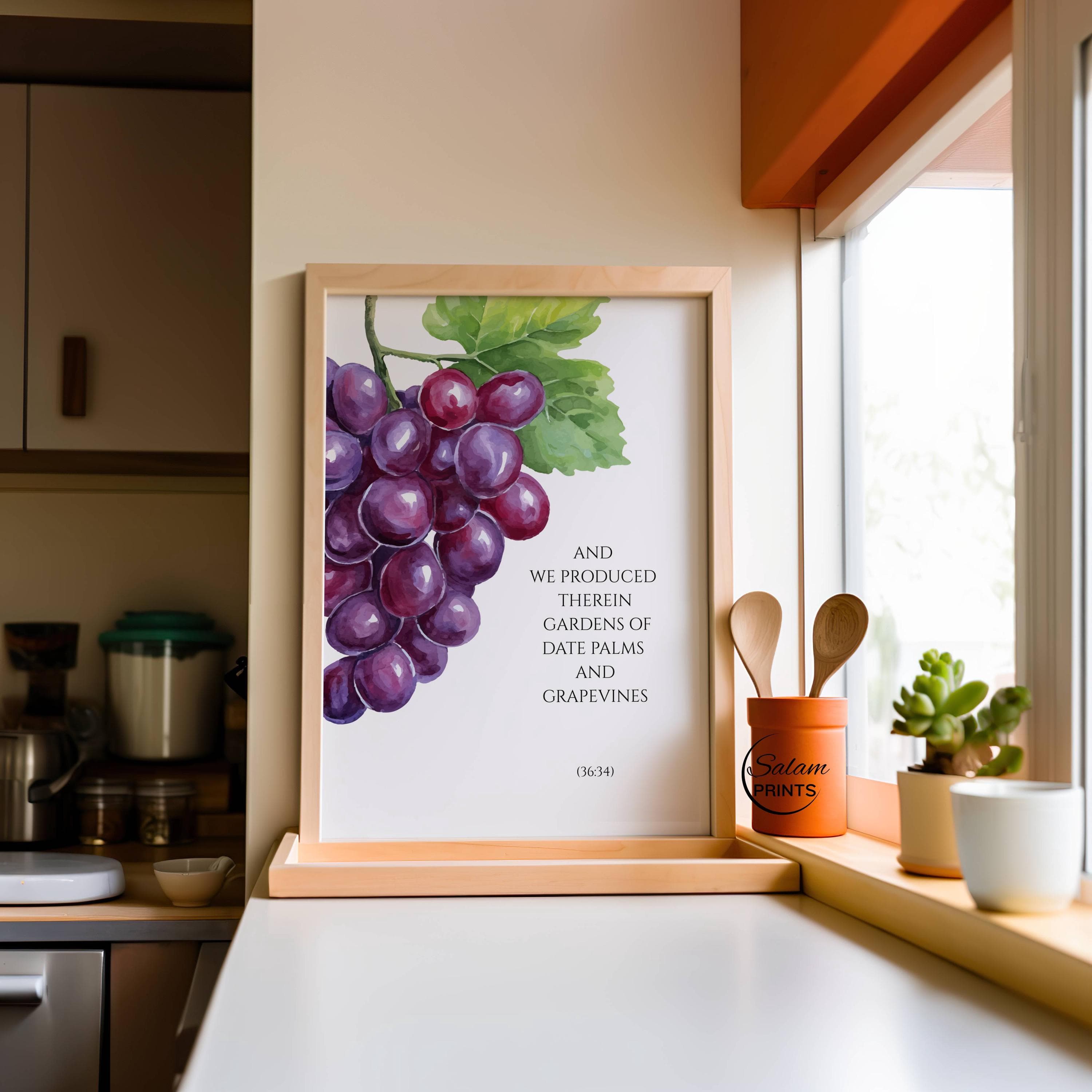 Islamic kitchen wall art featuring grapes inspired by a Quran verse, elegant grape illustration symbolizing Allah’s provision and blessings, faith-inspired Muslim kitchen decor printable, Quran inspired fruit wall art for dining room or pantry, modern minimalist Islamic wall art, halal home decor digital download, Ramadan and Eid Islamic kitchen artwork.