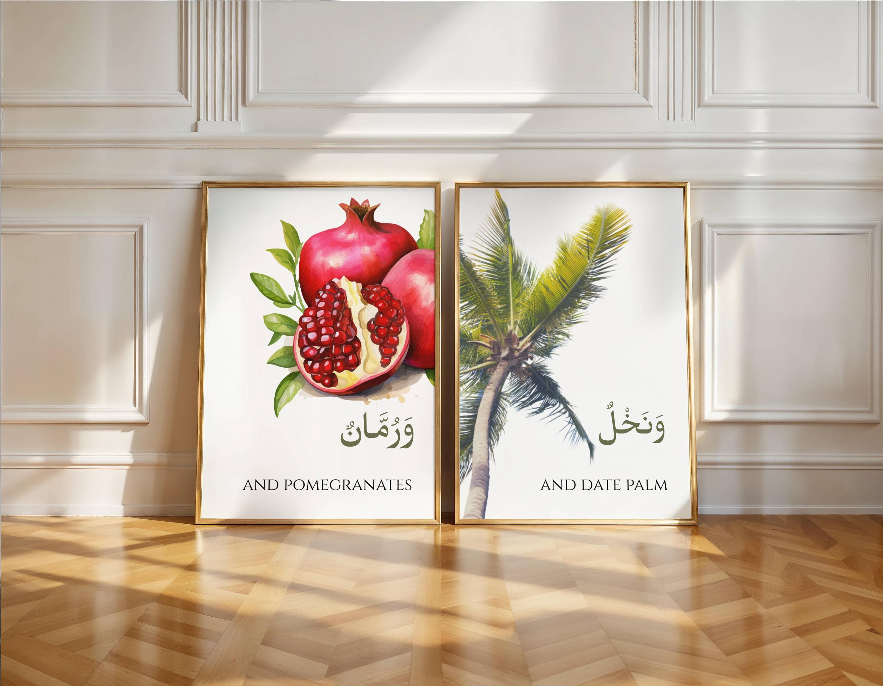 Islamic food mentioned in quran wall art set of 2 featuring watercolor brighr red pomegranates and date palms trees landscape with Quranic verses, botanical Muslim kitchen decor, Islamic printable artwork in REd Pomegranate Green Date palm tree on a white background .