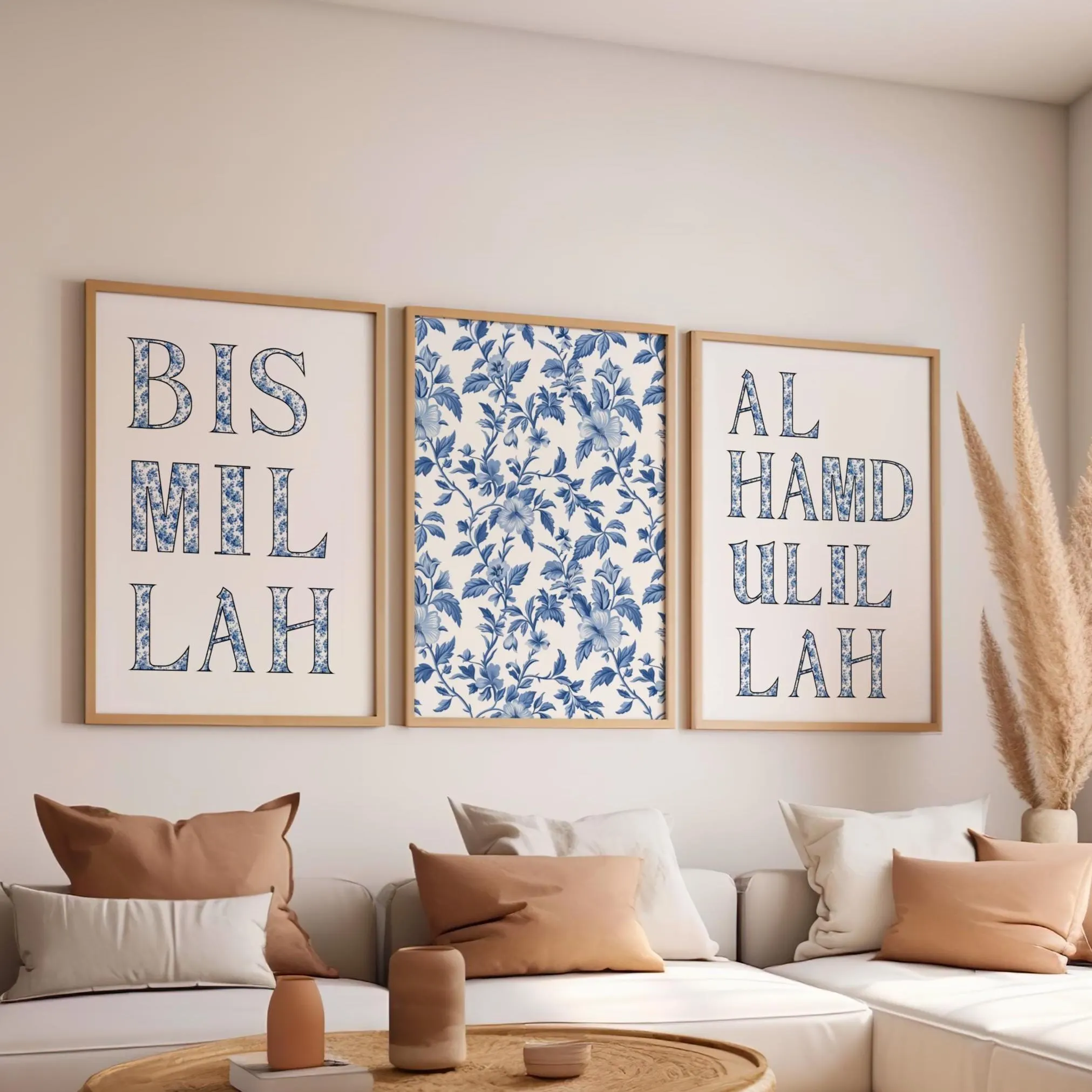 Islamic Printable Wall Art set of 3 Navy Blue White Modern Muslim Decor Chinoiserie Bismillah Print Islamic triptych Digital Poster Eid Gift