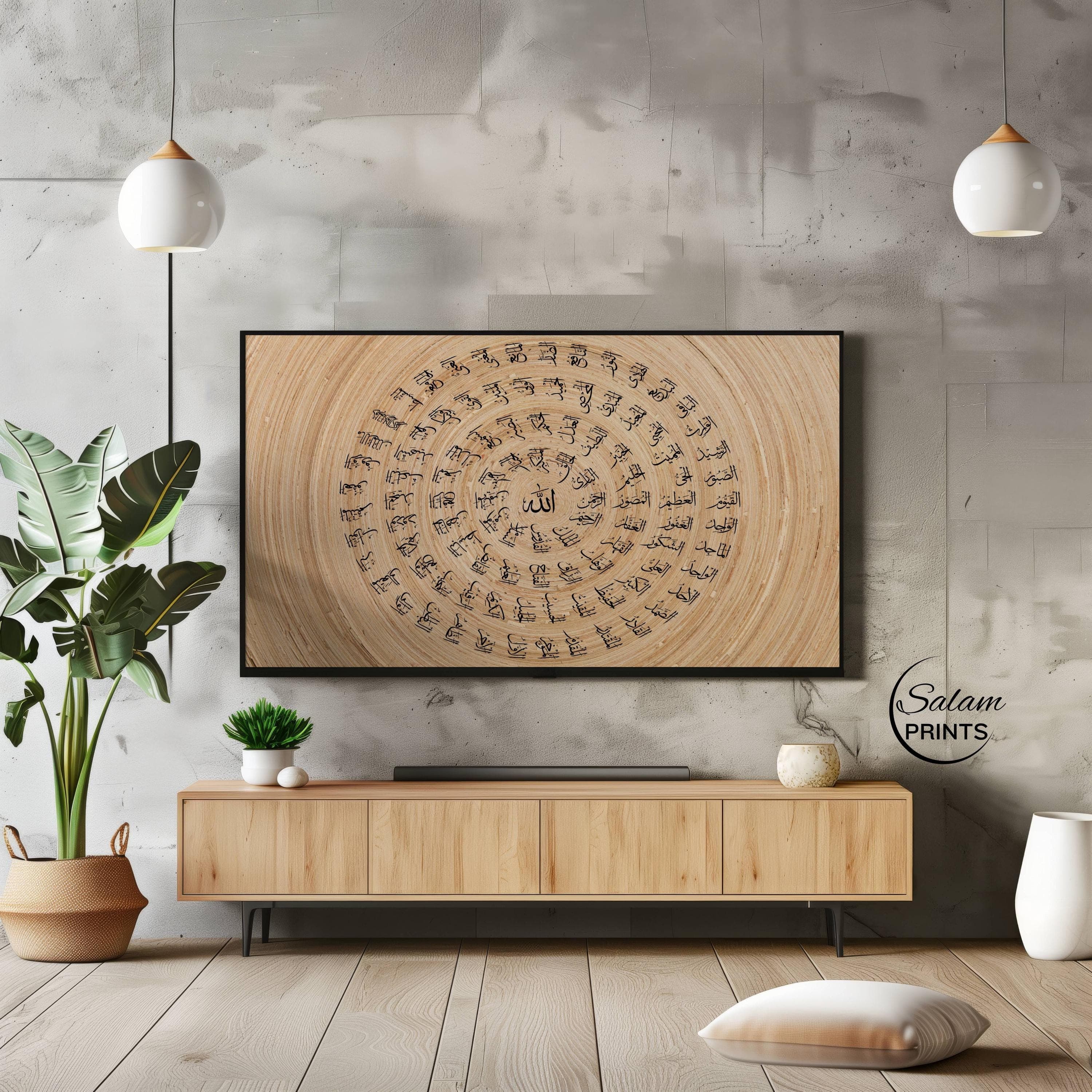 “Circular Asma ul Husna wall art for Samsung Frame TV showing the 99 Names of Allah in elegant black Arabic calligraphy, set against a soft beige abstract textured circular background, minimalist Islamic home decor.”