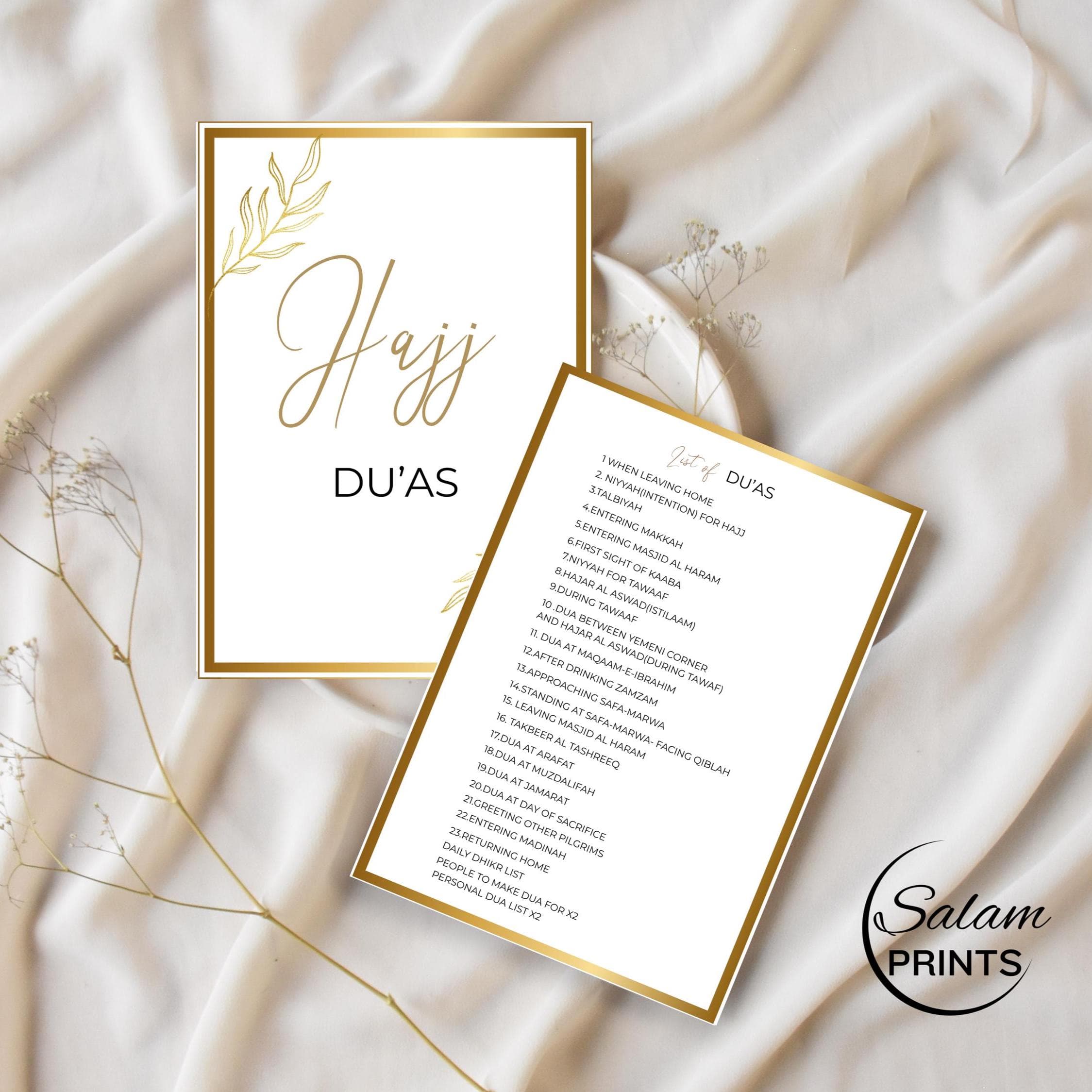 32 Hajj Dua Cards printable set in ISO SIZE , PRINTABLE IN A5 OR A6 , designed with elegant gold borders on beige and white backgrounds, featuring Arabic text with transliteration, English translation, and concise explanations for each Hajj-related supplication. Each A4 sheet prints 4 high-quality Islamic dua cards, perfect for pilgrims, Ramadan prep, Eid gifts, Islamic learning, travel, and daily spiritual reflection. Islamic digital download for personal use.