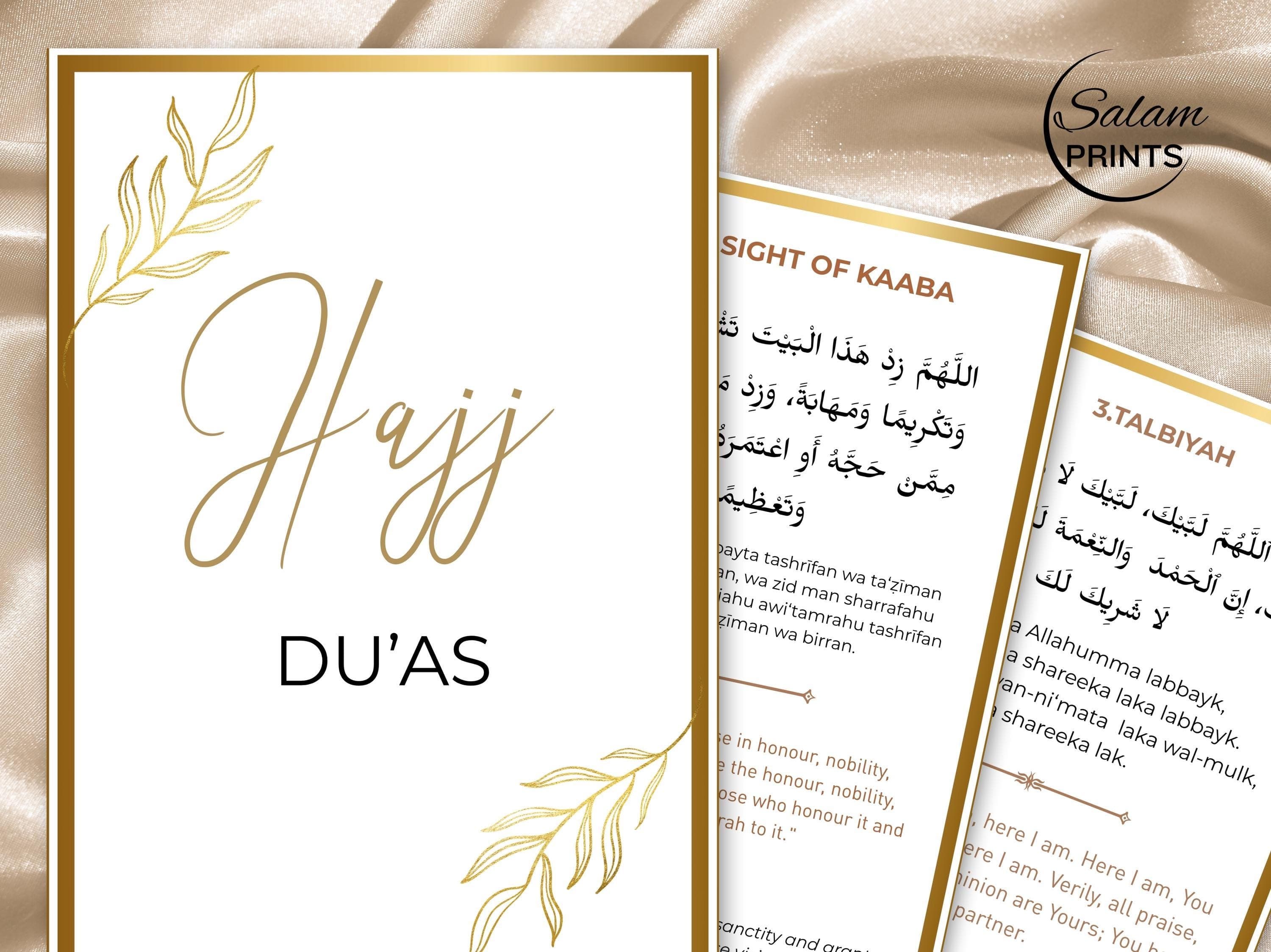 32 Hajj Dua Cards printable set in ISO SIZE , PRINTABLE IN A5 OR A6 , designed with elegant gold borders on beige and white backgrounds, featuring Arabic text with transliteration, English translation, and concise explanations for each Hajj-related supplication. Each A4 sheet prints 4 high-quality Islamic dua cards, perfect for pilgrims, Ramadan prep, Eid gifts, Islamic learning, travel, and daily spiritual reflection. Islamic digital download for personal use.