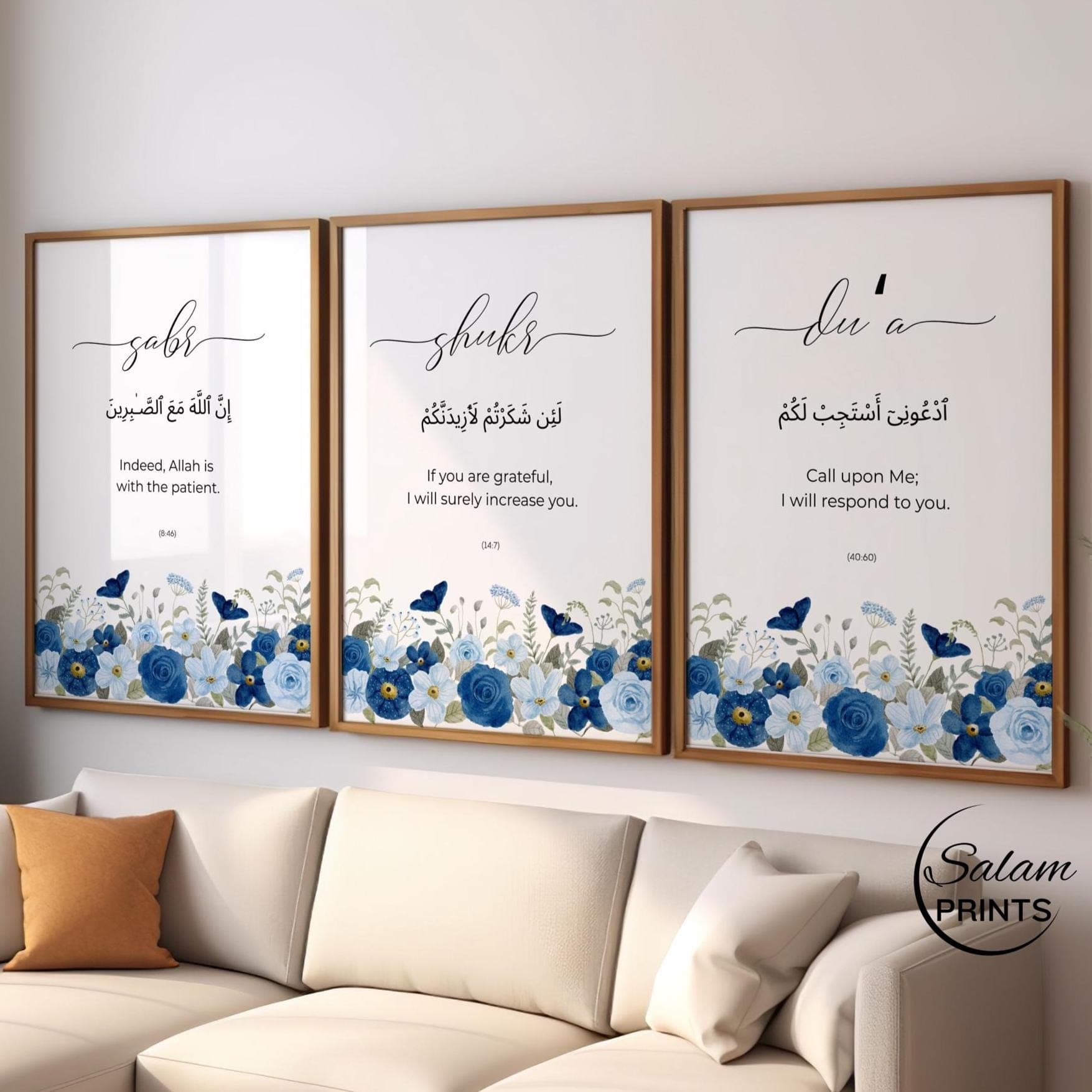 Quran Quote Islamic Wall Art set of 3 | Navy Blue Sabr Shukr Dua Prints | Floral Dhikr Poster for Modern Muslim home Decor |Gift for Muslims - image 4