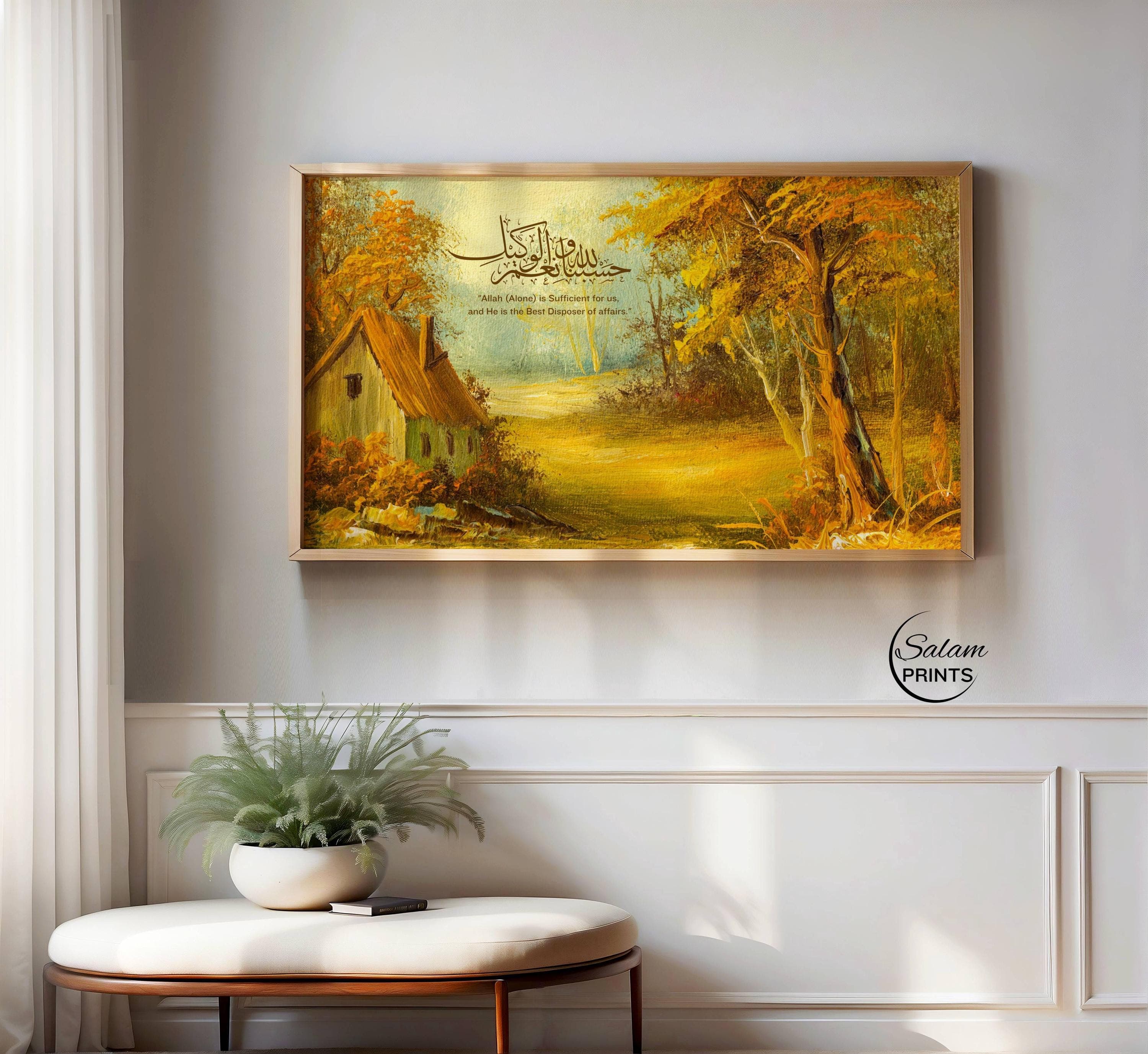 A Vintage Oil landscape painting texture of a vintage house besides a lake in forest , the grains of canvas texture and brushstrokes of oil paint can be seen clearly and color is rust and orange. Written on it is HAsbunallahu wa naimal wakeel Arabic calligraphy and below it is written its english translation.