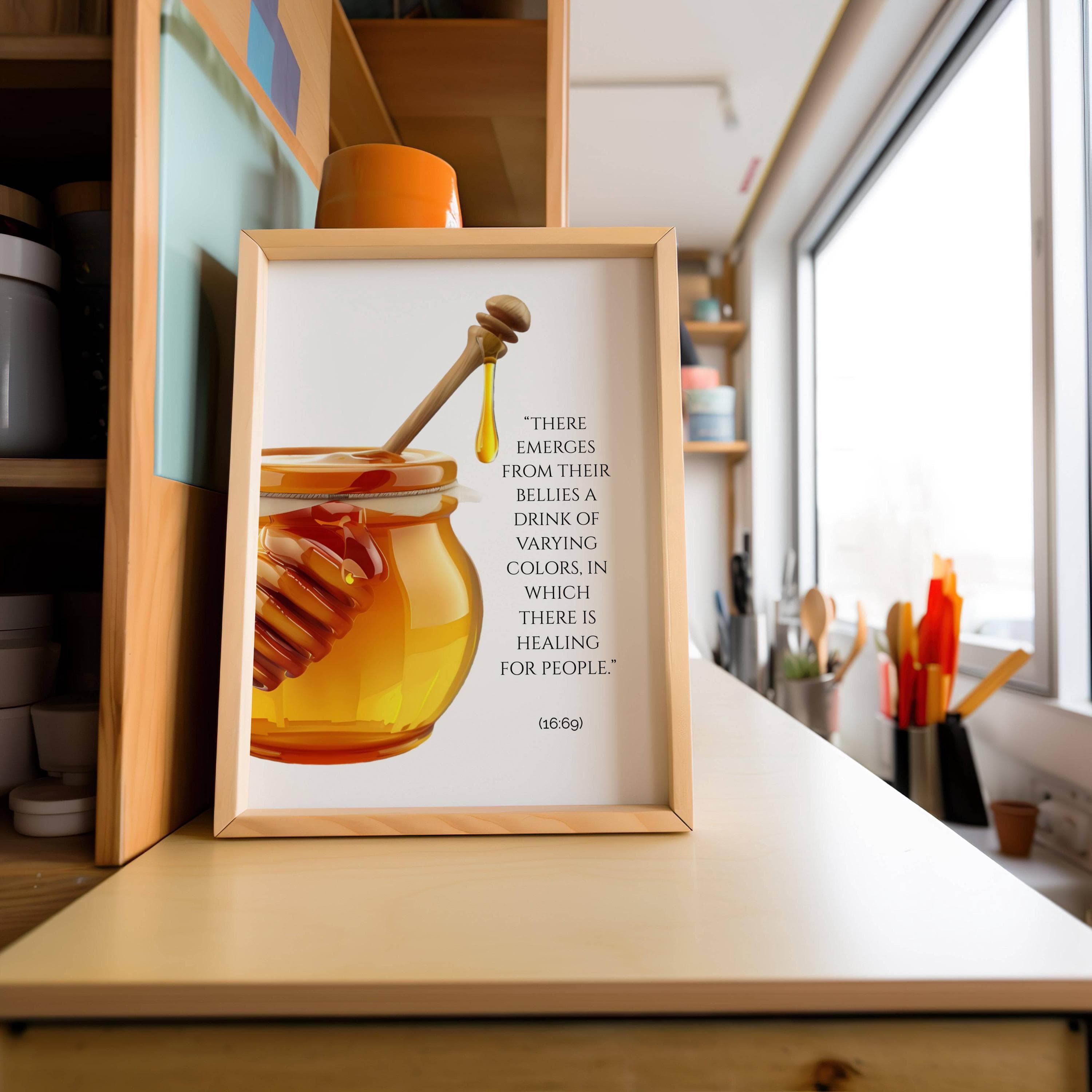 Islamic honey wall art with Quran verse about healing

Surah An-Nahl 16:69 honey Islamic kitchen decor

Quran verse honey Islamic dining room wall art

Islamic wall art for kitchen with honey illustration