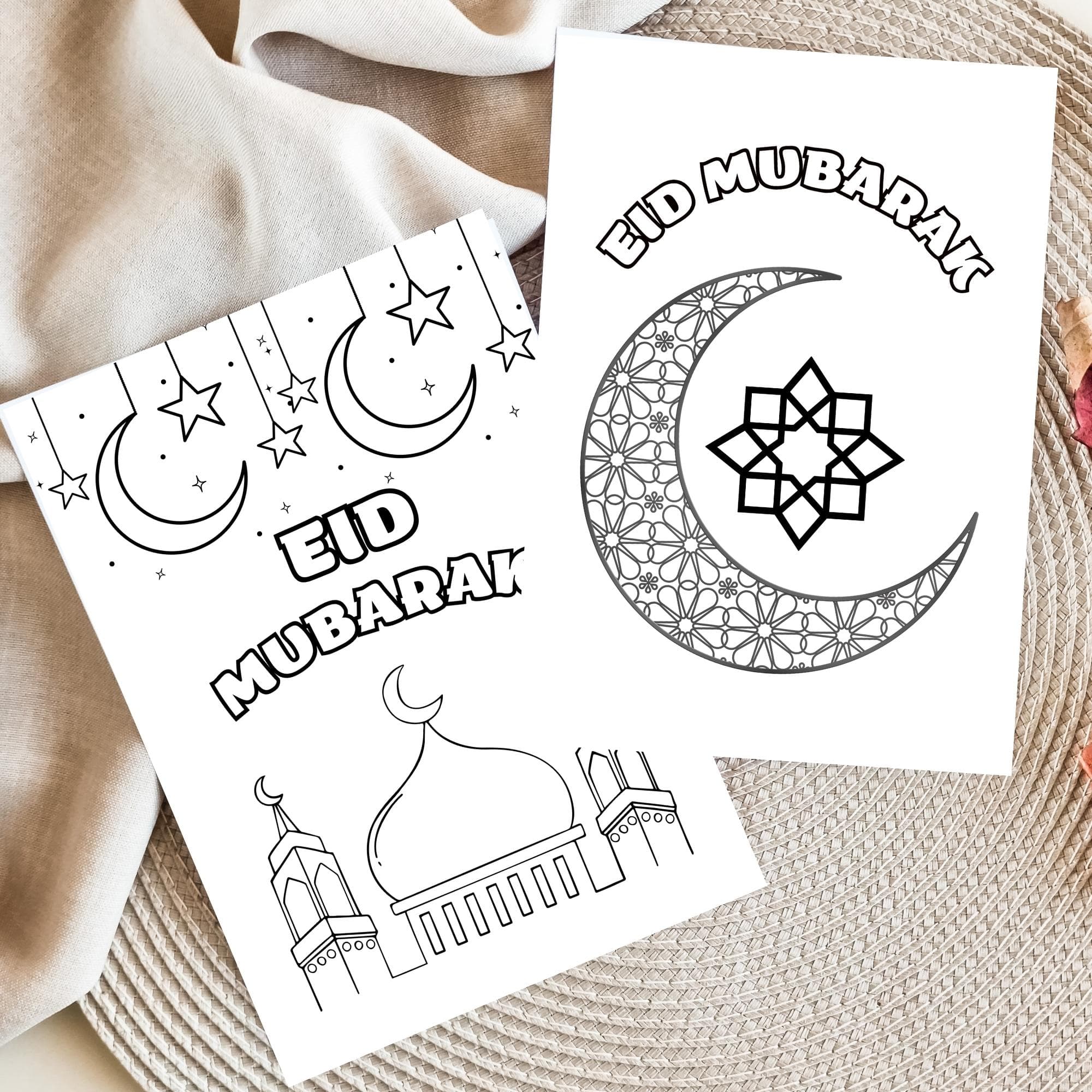printable Eid colouring greeting cards for kids featuring black-and-white Islamic designs like mosques, crescent moons, stars, and Eid Mubarak text; ideal DIY activity and fun craft for children during Eid celebrations.