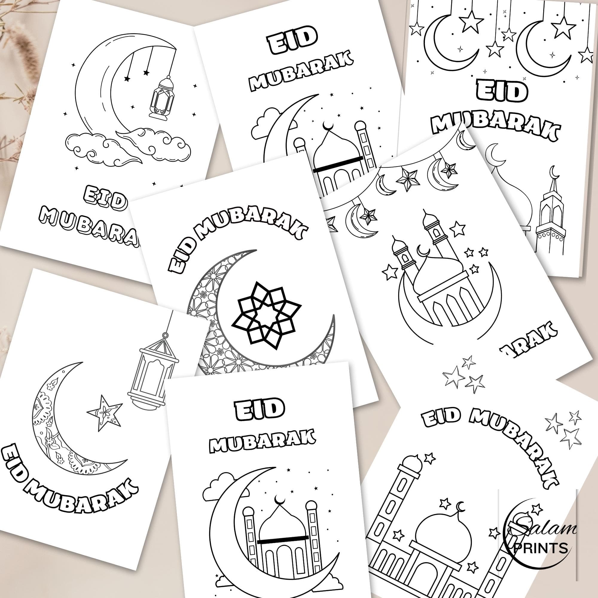 printable Eid colouring greeting cards for kids featuring black-and-white Islamic designs like mosques, crescent moons, stars, and Eid Mubarak text; ideal DIY activity and fun craft for children during Eid celebrations.