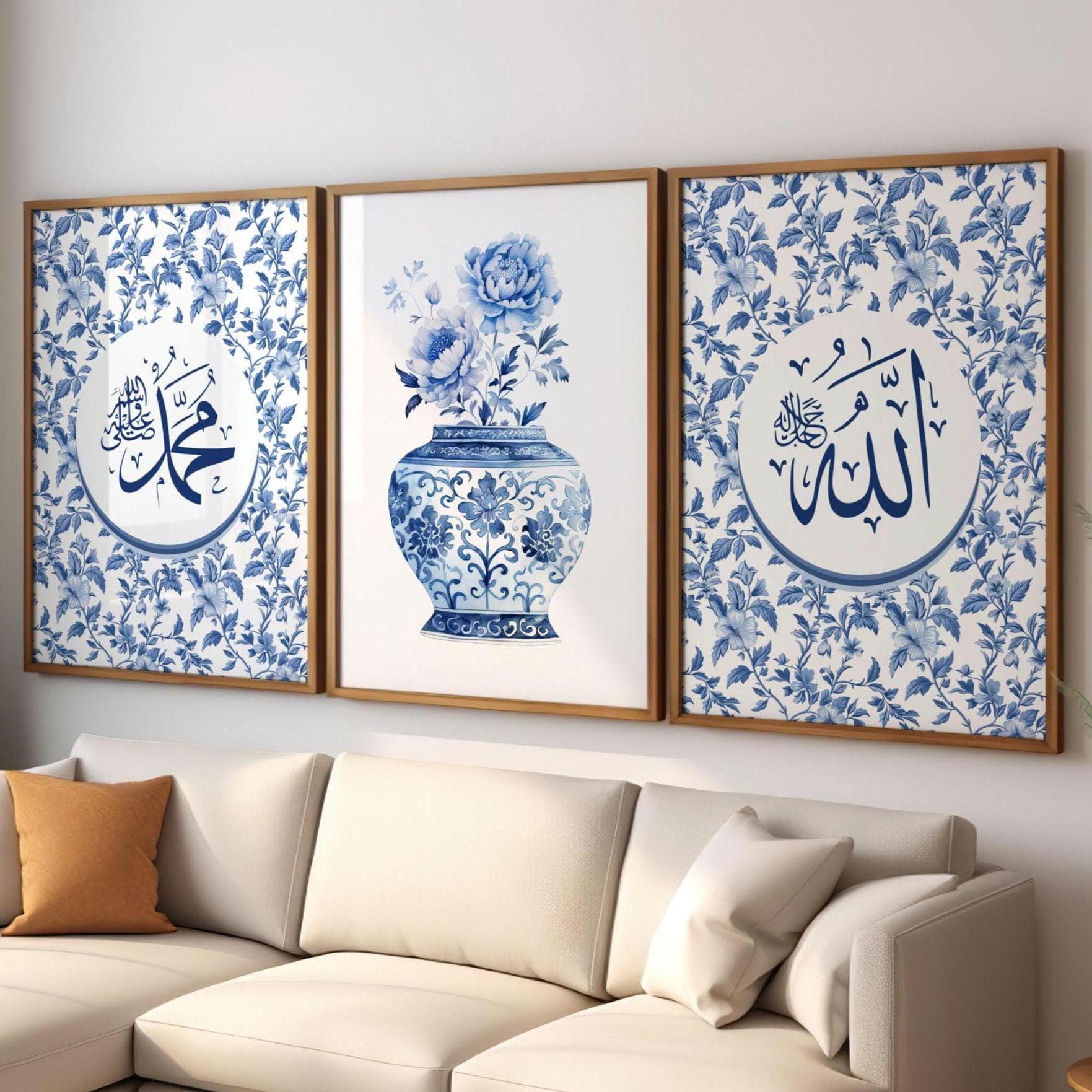 Three-piece Islamic wall art featuring 'Allah' and 'Muhammad' in Arabic calligraphy on a blue background. The middle panel showcases a floral vase with intricate toile-style blue and white patterns, inspired by classic chinoiserie design. The set blends Islamic calligraphy with oriental artistry, creating an elegant and timeless decor piece for homes, offices, or prayer spaces. Perfect for those who love Islamic wall decor with a fusion of traditional and decorative styles.