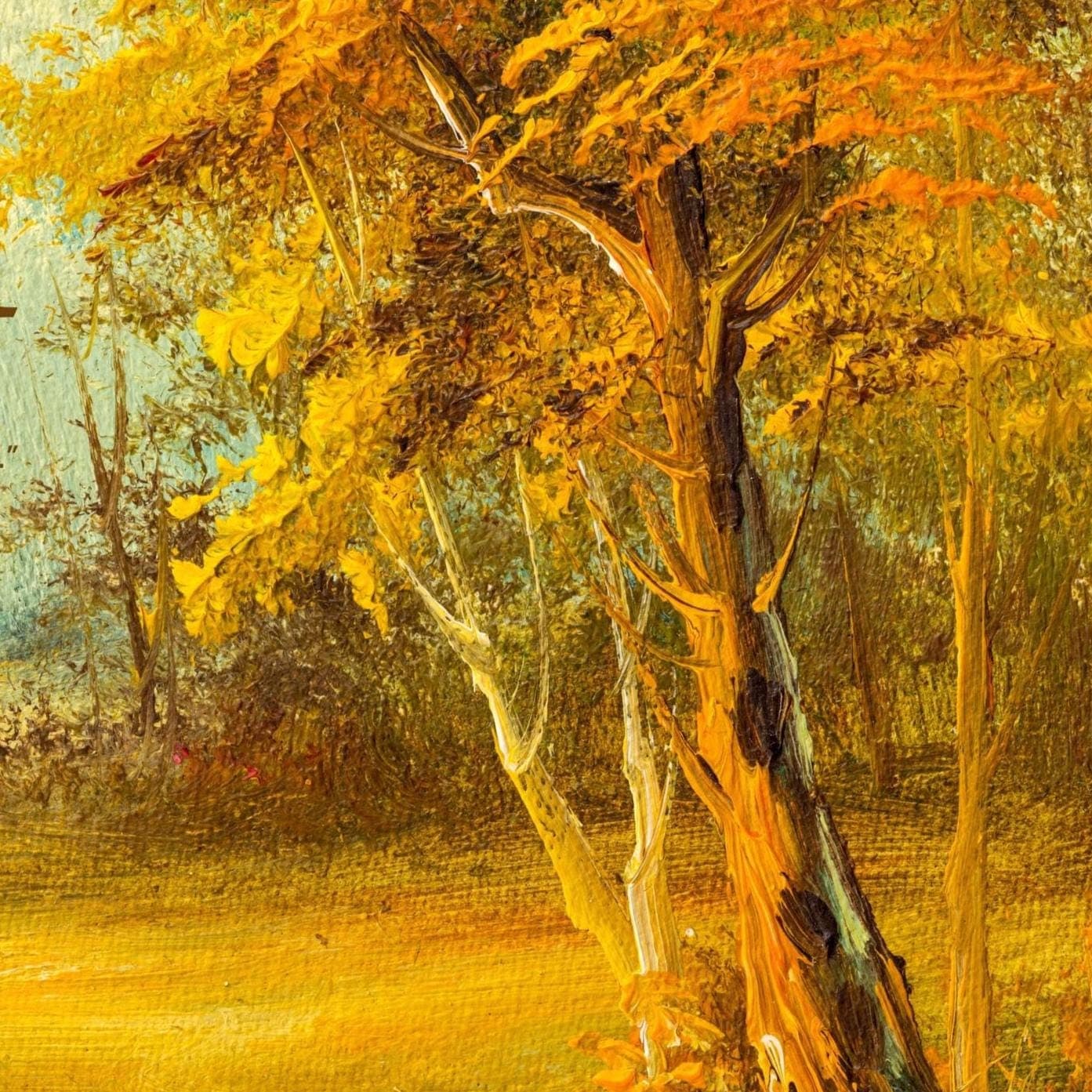 A Vintage Oil landscape painting texture of a vintage house besides a lake in forest , the grains of canvas texture and brushstrokes of oil paint can be seen clearly and color is rust and orange. Written on it is HAsbunallahu wa naimal wakeel Arabic calligraphy and below it is written its english translation.