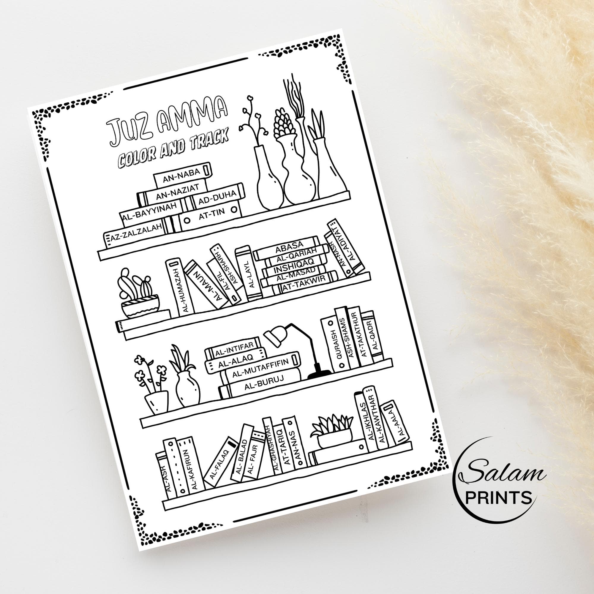"A4 printable Juz Amma tracker coloring sheet featuring stacked bookshelves with each book representing a Surah from Amma Para; ideal for kids, adults, or Hifz students to track Quran memorization progress with a fun and motivating design."