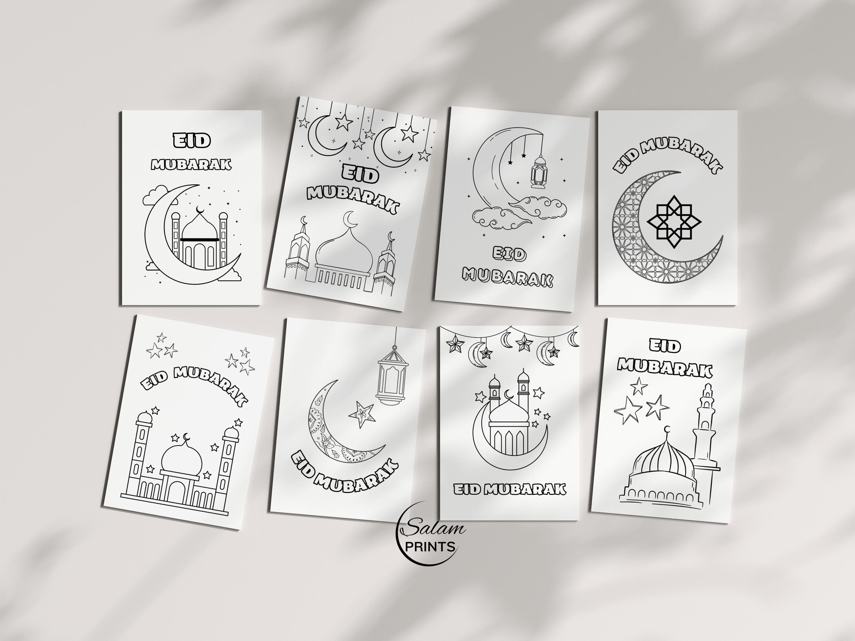 printable Eid colouring greeting cards for kids featuring black-and-white Islamic designs like mosques, crescent moons, stars, and Eid Mubarak text; ideal DIY activity and fun craft for children during Eid celebrations.