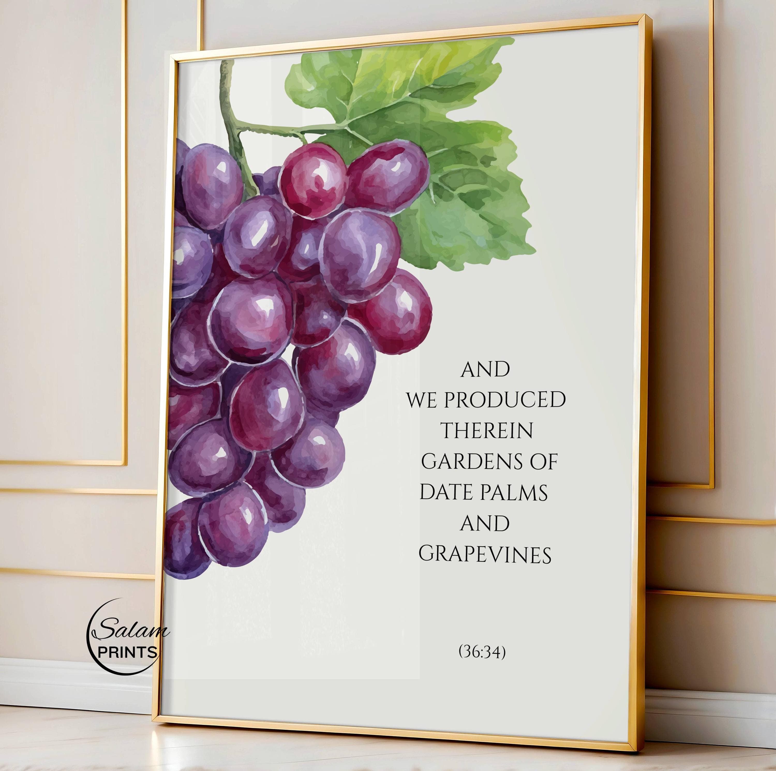 Islamic kitchen wall art featuring grapes inspired by a Quran verse, elegant grape illustration symbolizing Allah’s provision and blessings, faith-inspired Muslim kitchen decor printable, Quran inspired fruit wall art for dining room or pantry, modern minimalist Islamic wall art, halal home decor digital download, Ramadan and Eid Islamic kitchen artwork.