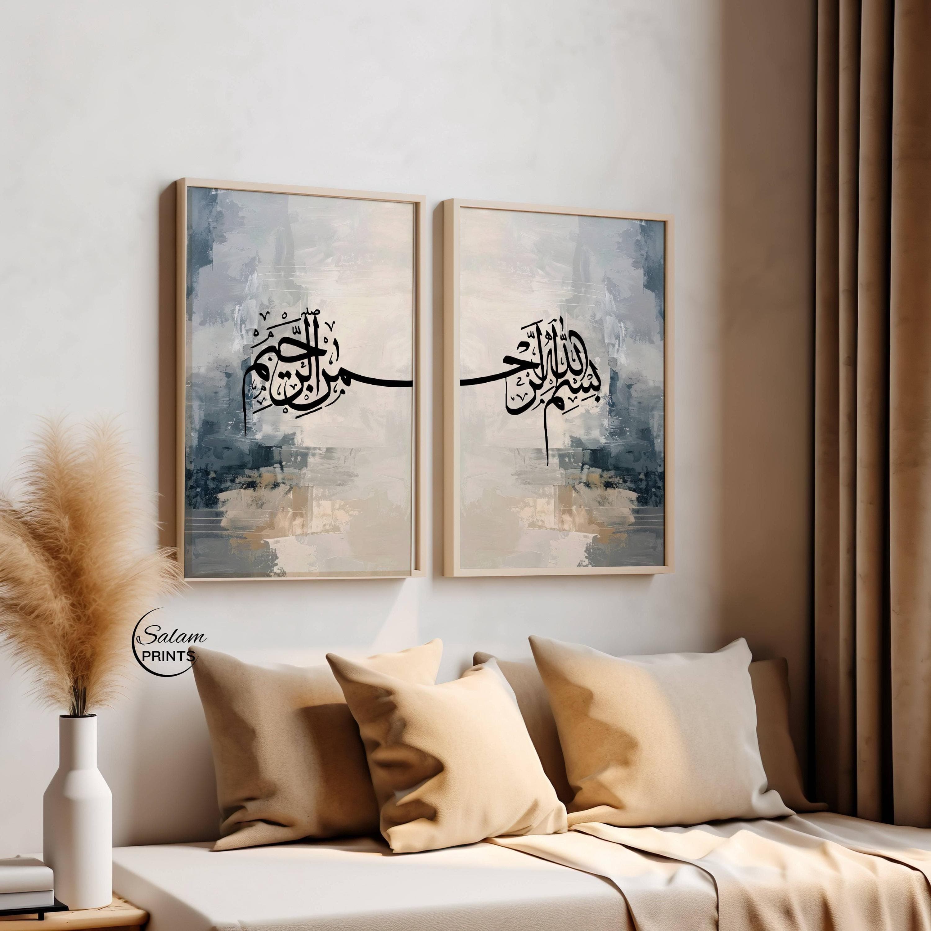 Set of 2 Islamic wall art prints featuring Bismillah Hir Rahman Nir Raheem Arabic calligraphy in bold black script over a modern abstract beige, grey, and muted blue textured background. Minimalist contemporary Muslim home decor artwork with neutral tones, perfect for living room, prayer space, or Ramadan and Eid decoration. Digital printable Islamic calligraphy set with elegant brushstroke landscape design.