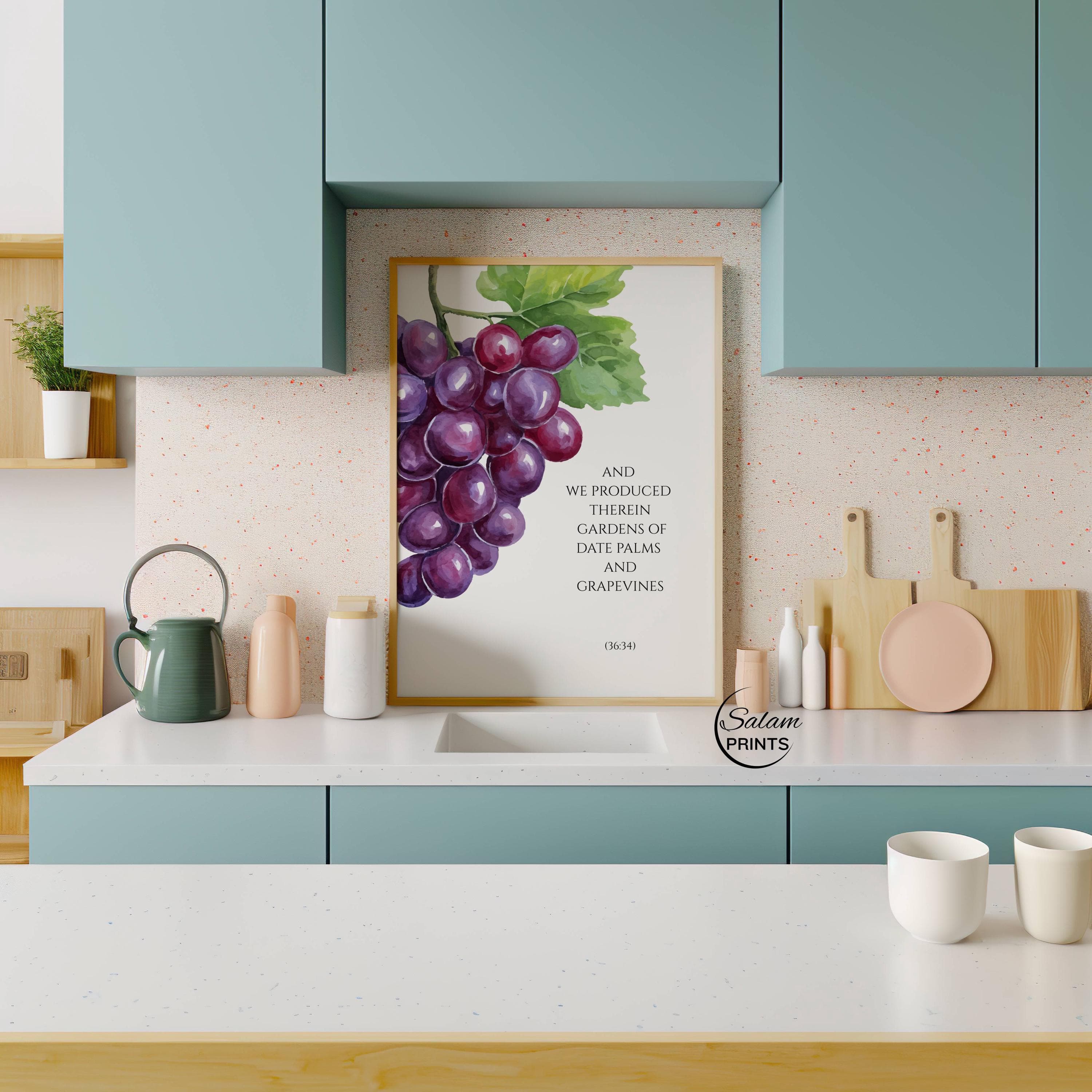 Islamic kitchen wall art featuring grapes inspired by a Quran verse, elegant grape illustration symbolizing Allah’s provision and blessings, faith-inspired Muslim kitchen decor printable, Quran inspired fruit wall art for dining room or pantry, modern minimalist Islamic wall art, halal home decor digital download, Ramadan and Eid Islamic kitchen artwork.