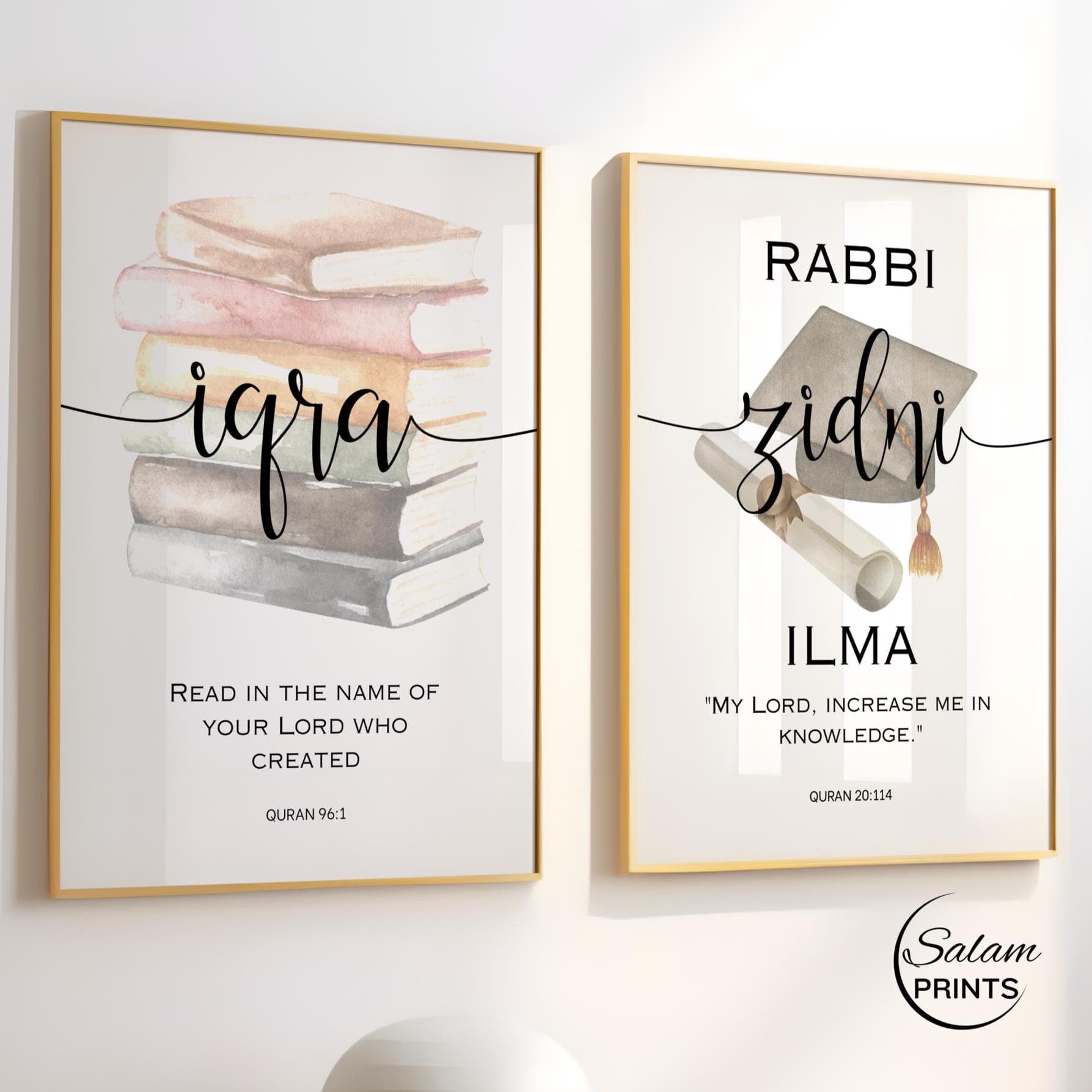 Iqra Quran verse wall art featuring watercolor books and rabbi zidni ilma in glyph modern script font or  line font written on graduation hat and degree perfect for Islamic home decor, Muslim nursery, and educational spaces. Minimalist Quranic calligraphy print, ideal for study room inspiration or a modern Islamic interior. Ideal Gift for students or graduation day ceremony or success party