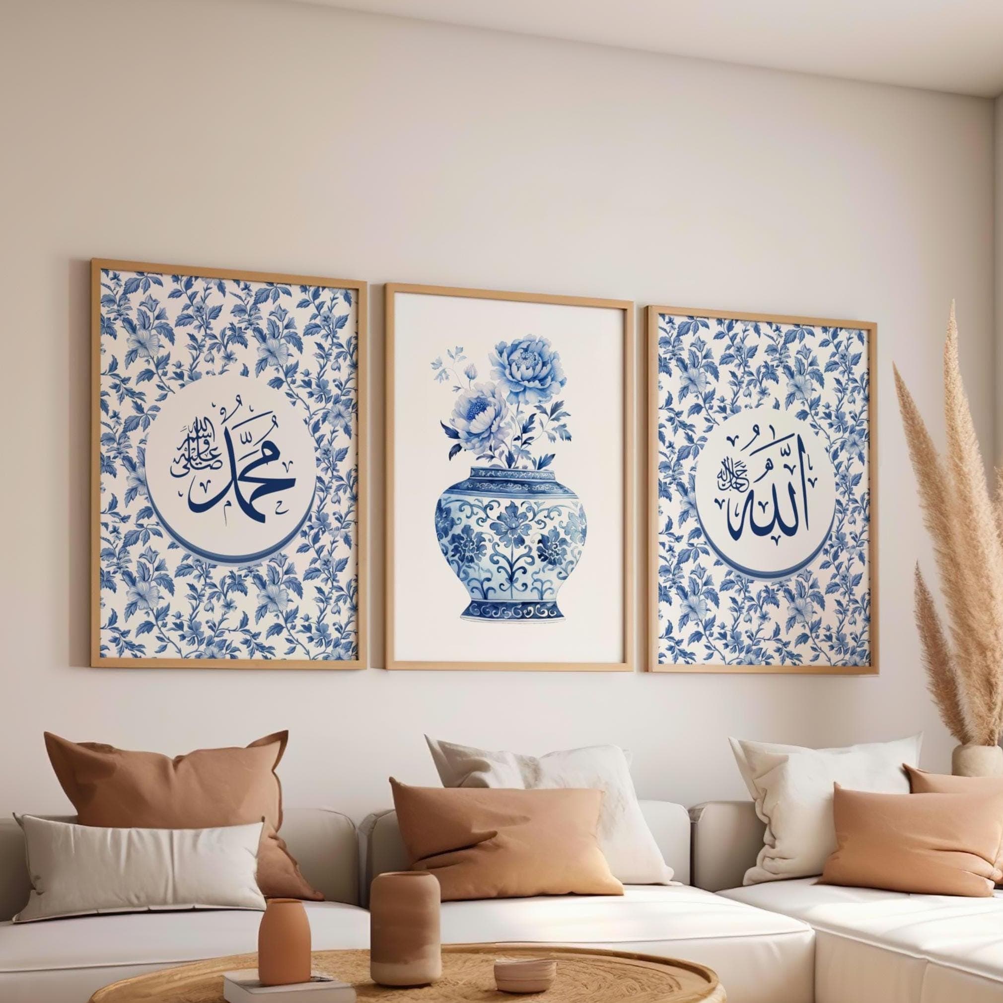Three-piece Islamic wall art featuring 'Allah' and 'Muhammad' in Arabic calligraphy on a blue background. The middle panel showcases a floral vase with intricate toile-style blue and white patterns, inspired by classic chinoiserie design. The set blends Islamic calligraphy with oriental artistry, creating an elegant and timeless decor piece for homes, offices, or prayer spaces. Perfect for those who love Islamic wall decor with a fusion of traditional and decorative styles.