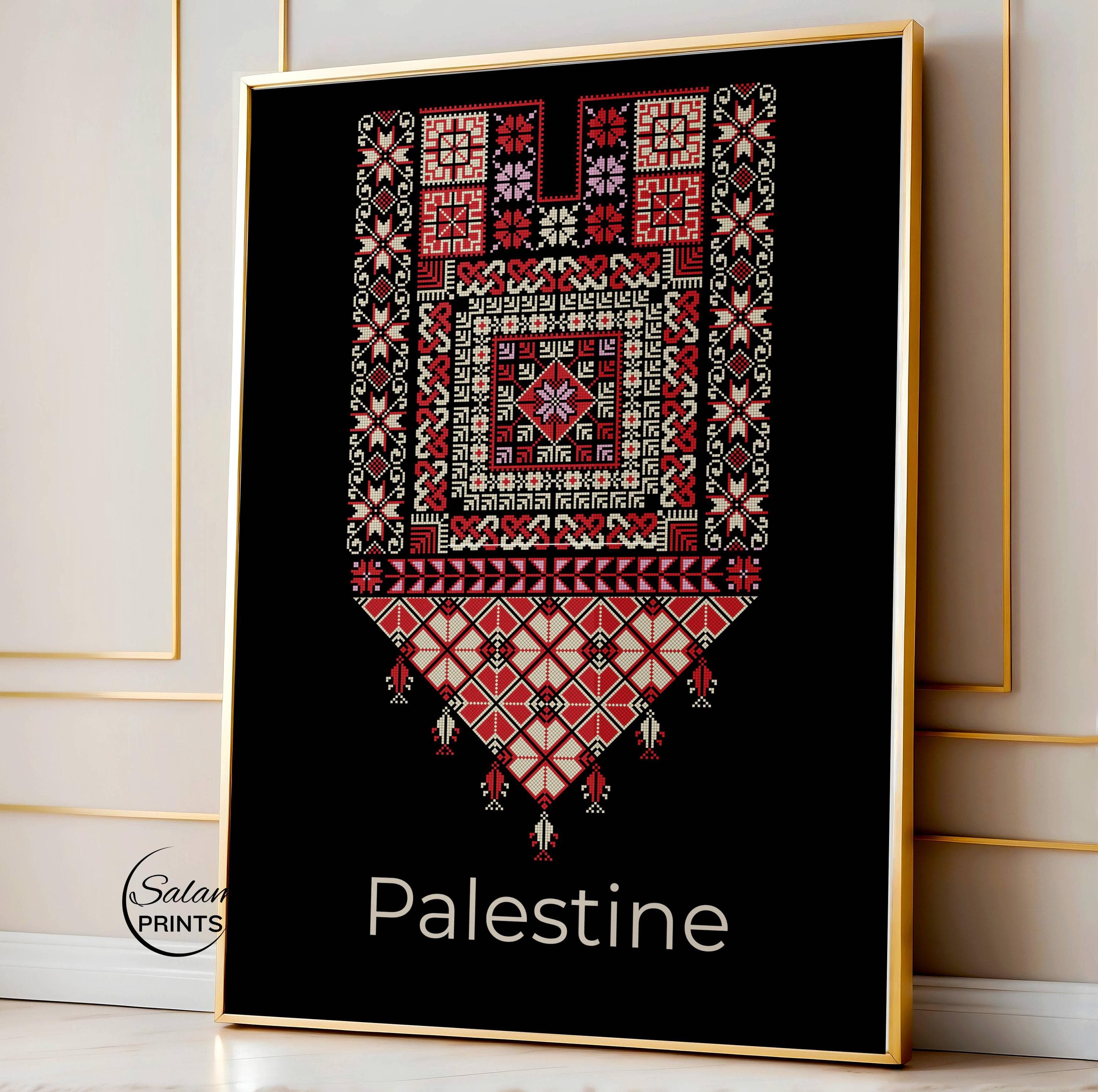 Palestinian tatreez thobe wall art printable featuring intricate red and multicolor embroidery on a black background, traditional qabbeh chest panel design, cultural Palestine decor digital download, Arabic folk art print, Middle Eastern heritage embroidery poster, bold ethnic wall art for living room or gallery wall, detailed cross stitch motifs inspired by authentic Palestinian embroidery patterns