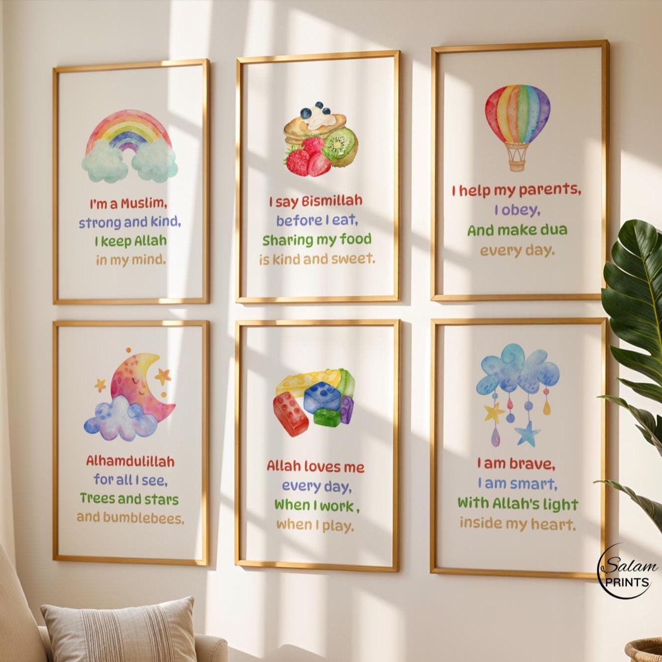 Set of 6 Affirmations Posters for Islamic Nursery, Rainbow Colorful Wall Art for Kids Room Decor, Gift for children, Digital Download