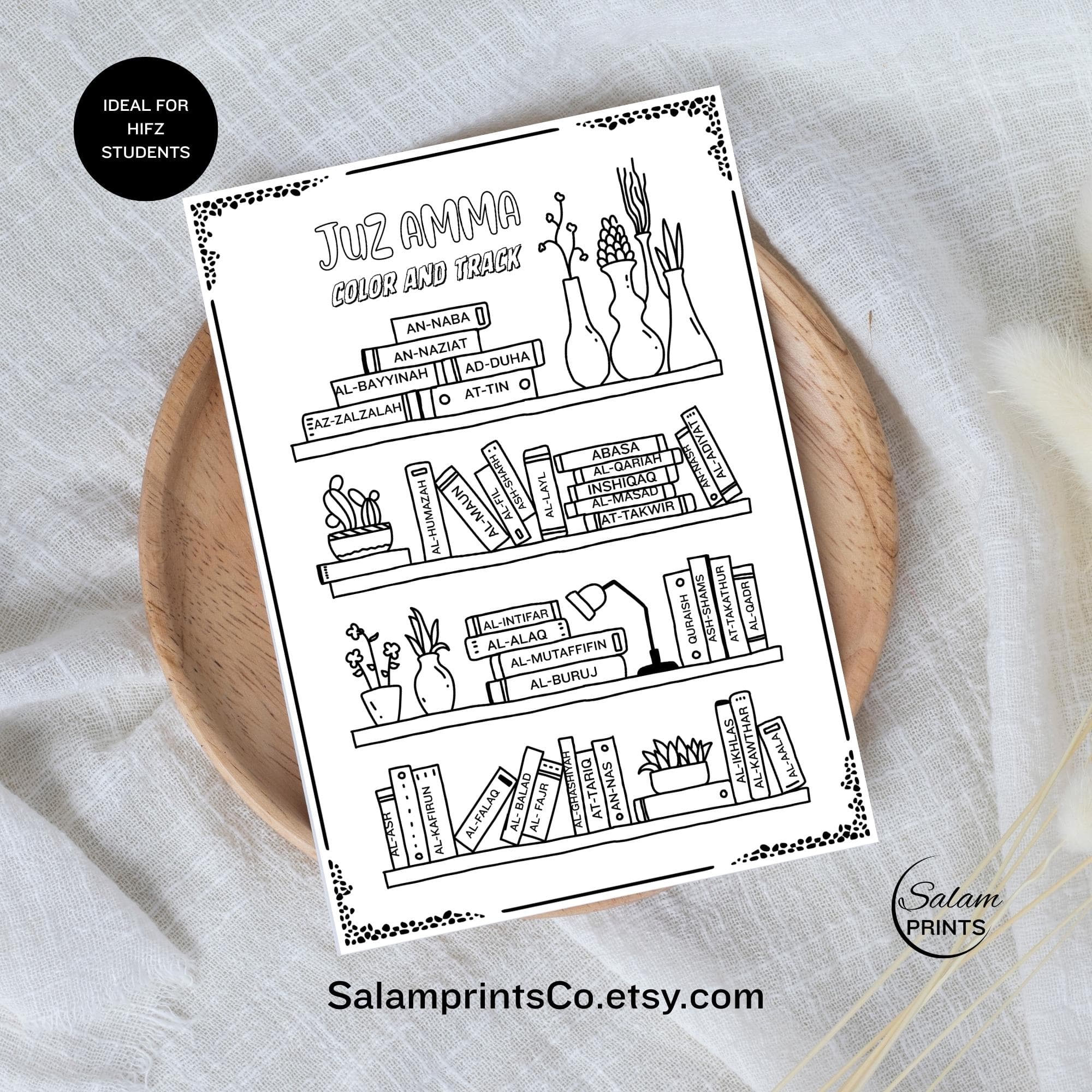 "A4 printable Juz Amma tracker coloring sheet featuring stacked bookshelves with each book representing a Surah from Amma Para; ideal for kids, adults, or Hifz students to track Quran memorization progress with a fun and motivating design."