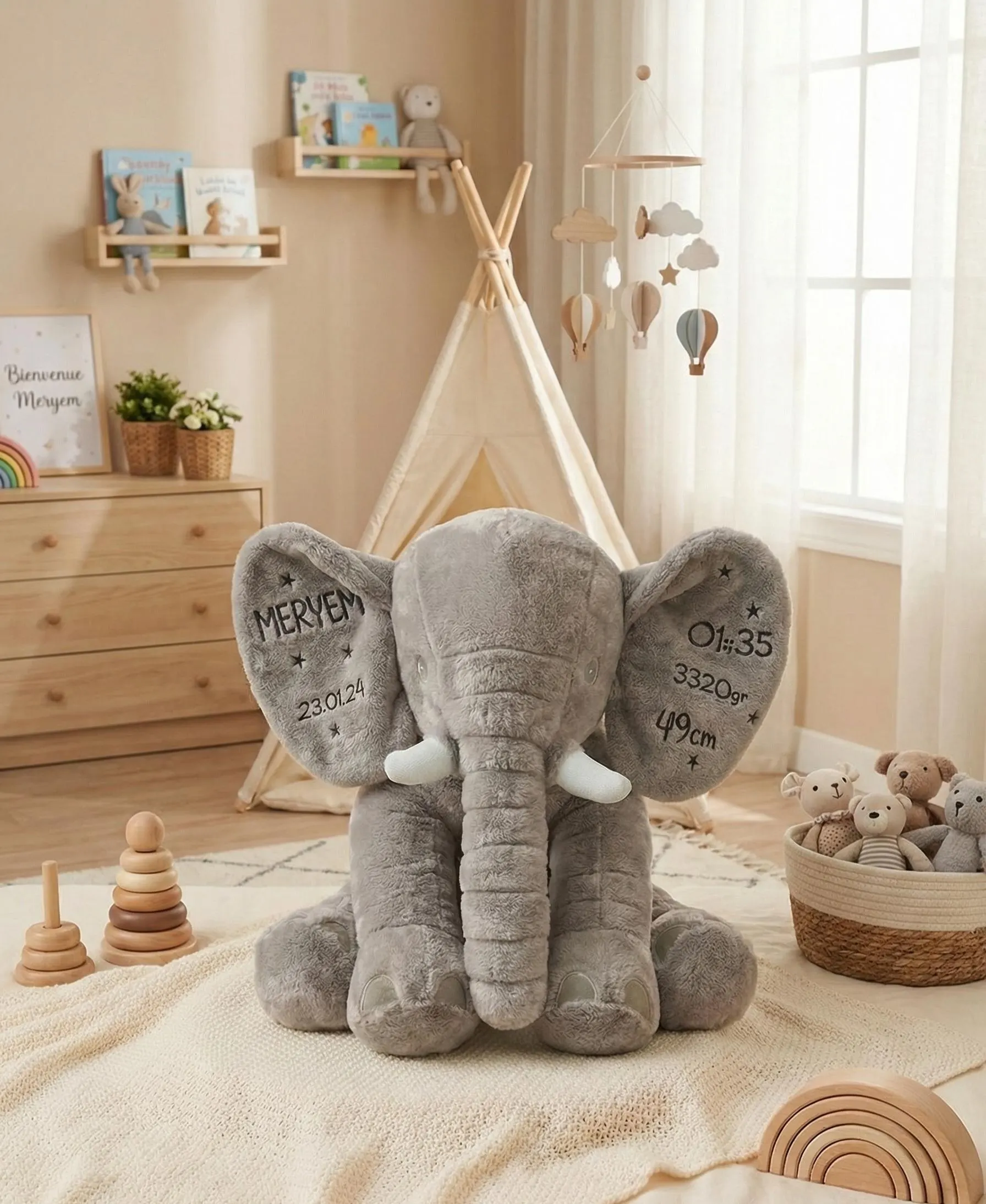 Peluche Éléphant Personnalisée-Cadeau Naissance Bébé Coussin Géant avec Prénom et Date-Doudou Souvenir de Naissance - éléphant rose gris ble - image 5