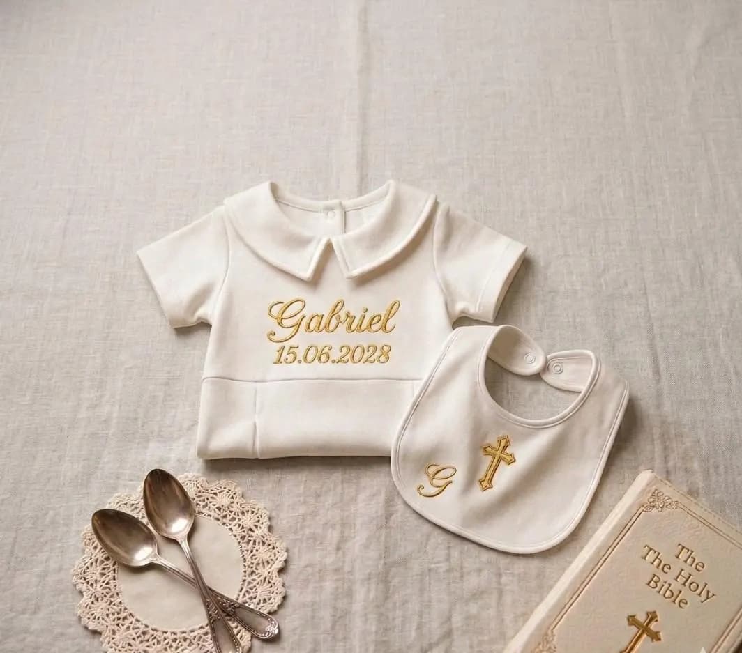 Tenue de Baptême Personnalisée Bébé Garçon | Barboteuse Blanche et Bavoir Brodés Or | Cadeau de Naissance, Parrain Marraine | Cérémonie - image 5