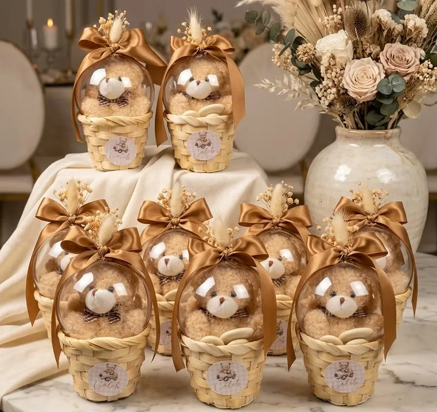Cadeaux Baptême Ours en Peluche Personnalisé, Boîte Cadeau Panier en Osier avec Dôme, Faveur Invités Naissance Fête Prénatale Rustique Chic - image 5