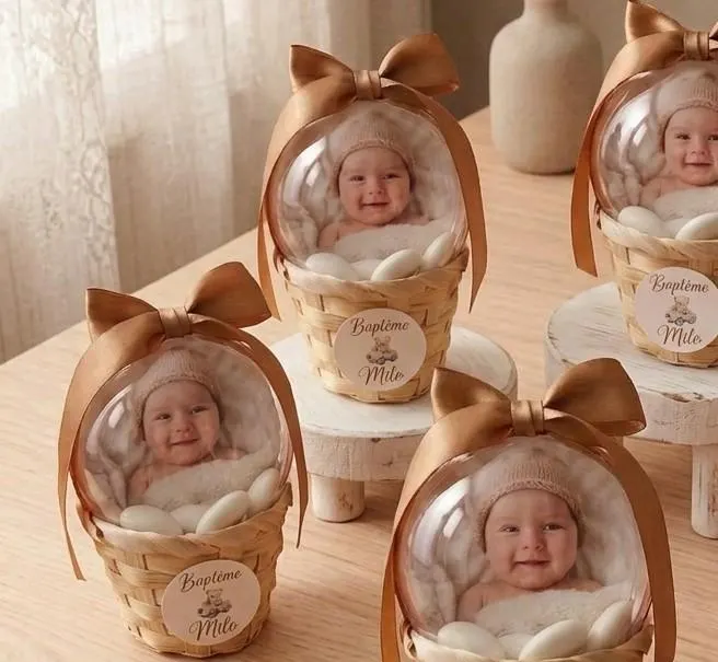 Boîte à Dragées Baptême Personnalisée Photo Bébé | Contenant Dragées avec Ruban | Cadeau Parrain Marraine Invités | Thème Élégant
