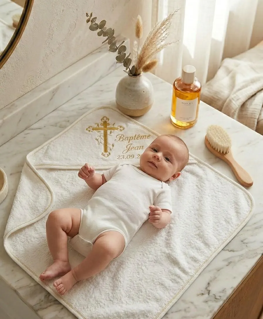Cape de bain de baptême personnalisée – Serviette à capuche brodée - Cadeau de naissance ou baptême