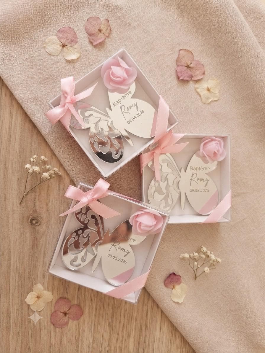 Boîte à dragées personnalisée Papillon | Cadeau invité Baptême, Communion, Naissance, Mariage | Faveur avec ruban et fleur personnalisable - image 4