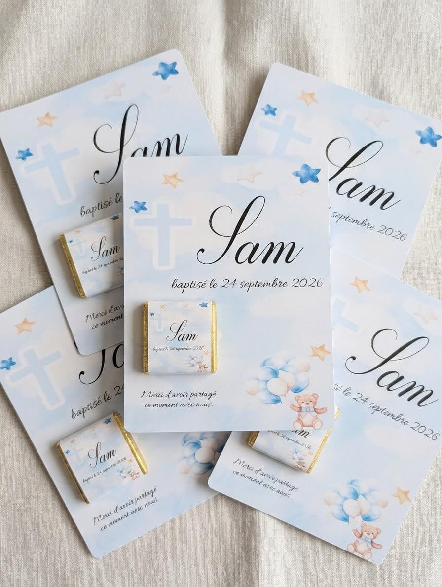 Cadeau Invité baptême Chocolat Personnalisé |Garçon et Fille | Thème souhaité | Carte de Bienvenue Bébé Baptême - image 5